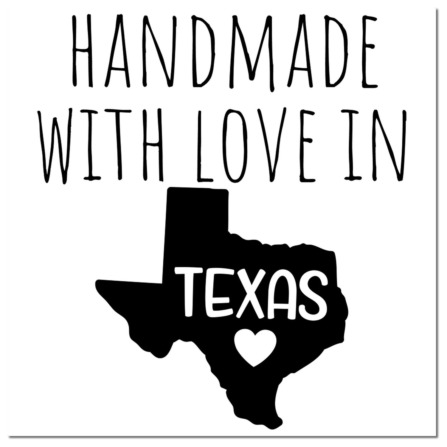 Handmade with Love in Texas Slim Pre-Inked Stamp featuring a black Texas state outline with a heart and bold text. Perfect for adding a personal touch to crafts and gifts.