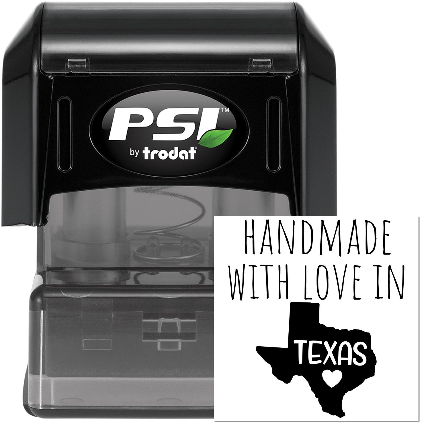 PSI Pre-Inked Handmade with Love in Texas stamp, featuring a black casing and a design with the Texas state outline and heart. Perfect for personalized stamping needs.