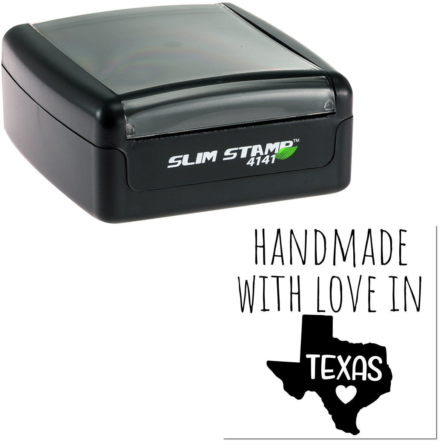 Handmade with Love in Texas Slim Pre-Inked Stamp, featuring a sleek black design with 'Slim Stamp 4141' branding, and a Texas-themed imprint with a heart.