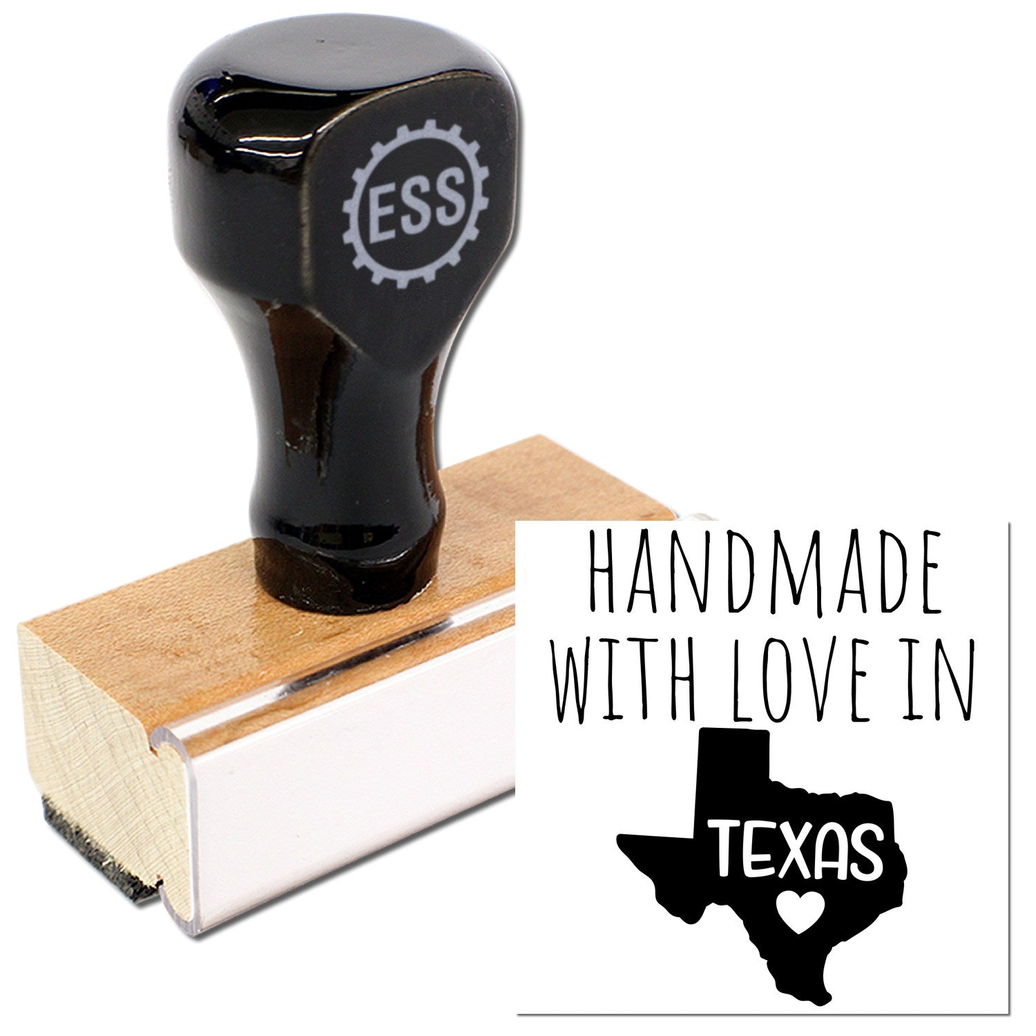 Wood Handle Texas Handmade with Love Rubber Stamp featuring a black handle and wooden base, alongside a 'Handmade with Love in Texas' imprint design.