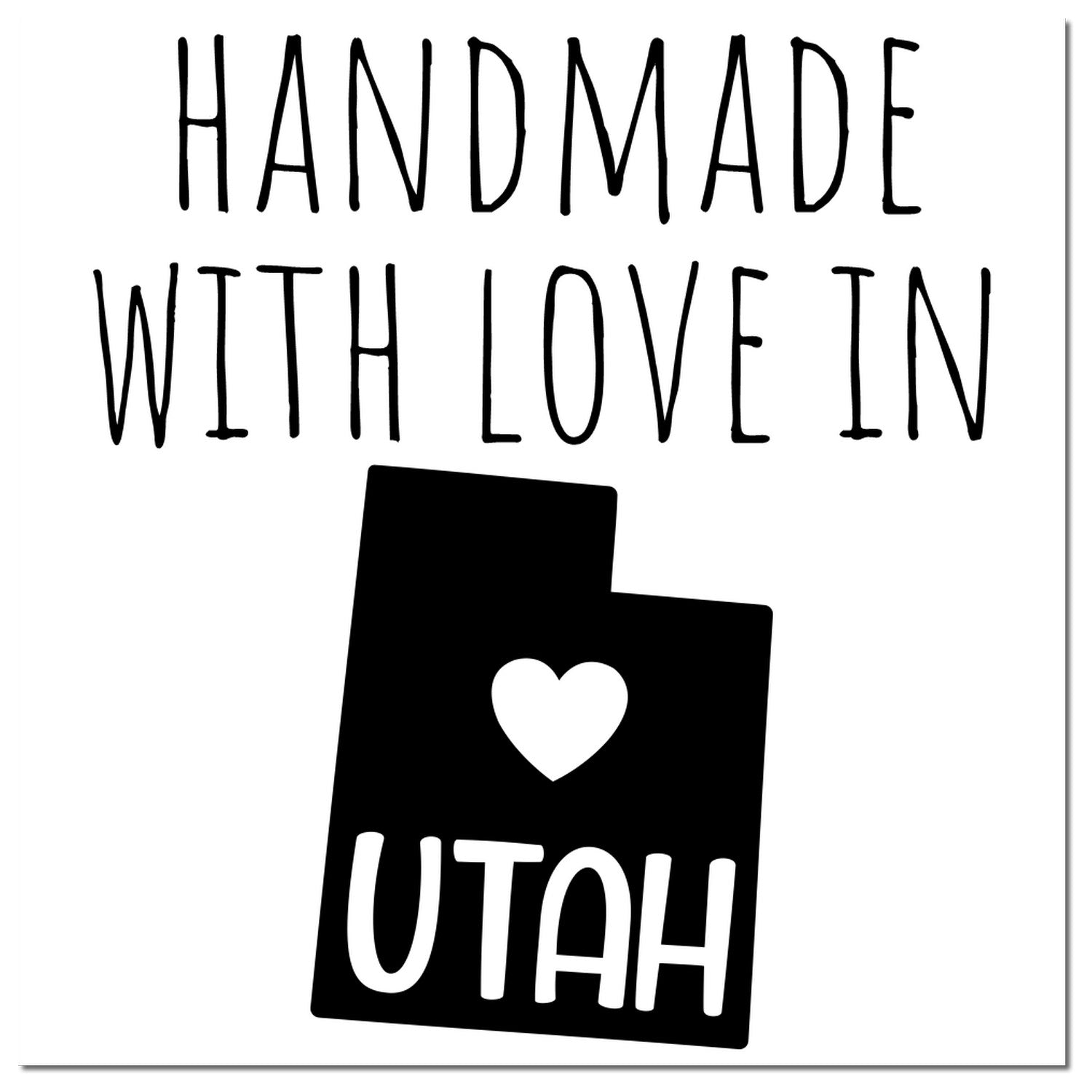 PSI Pre-Inked Handmade with Love in Utah stamp featuring a black silhouette of Utah with a heart, emphasizing craftsmanship and local pride.