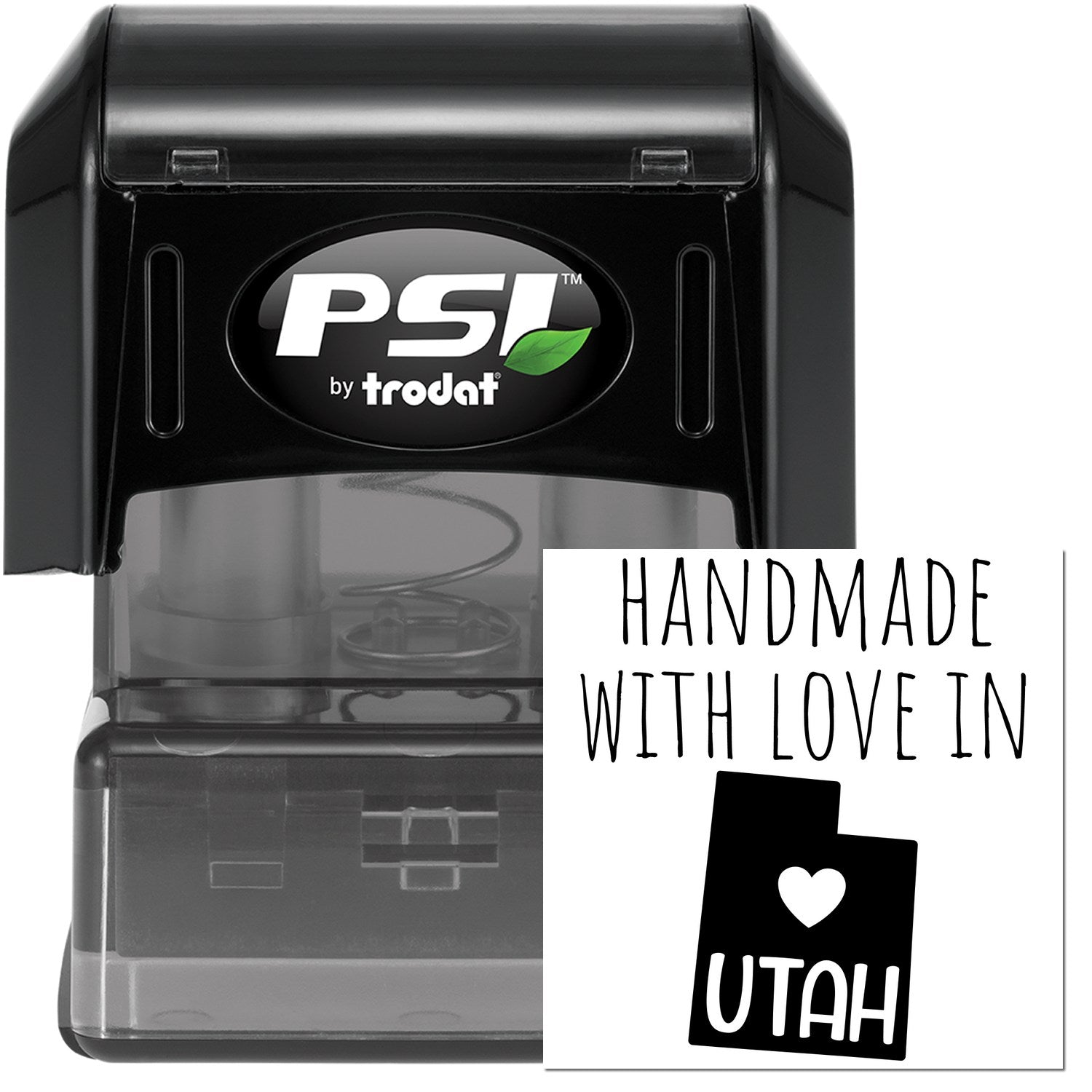 PSI Pre-Inked Handmade with Love in Utah stamp, featuring a sleek black design with a clear base and a 'Handmade with Love in Utah' imprint.