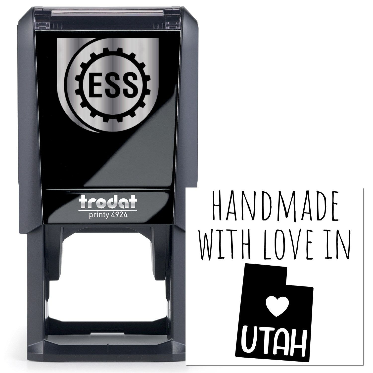 Self-Inking Utah Handmade with Love Stamp featuring a sleek black design, ESS logo, and Handmade with Love in Utah text. Perfect for adding a personal touch to crafts and gifts.