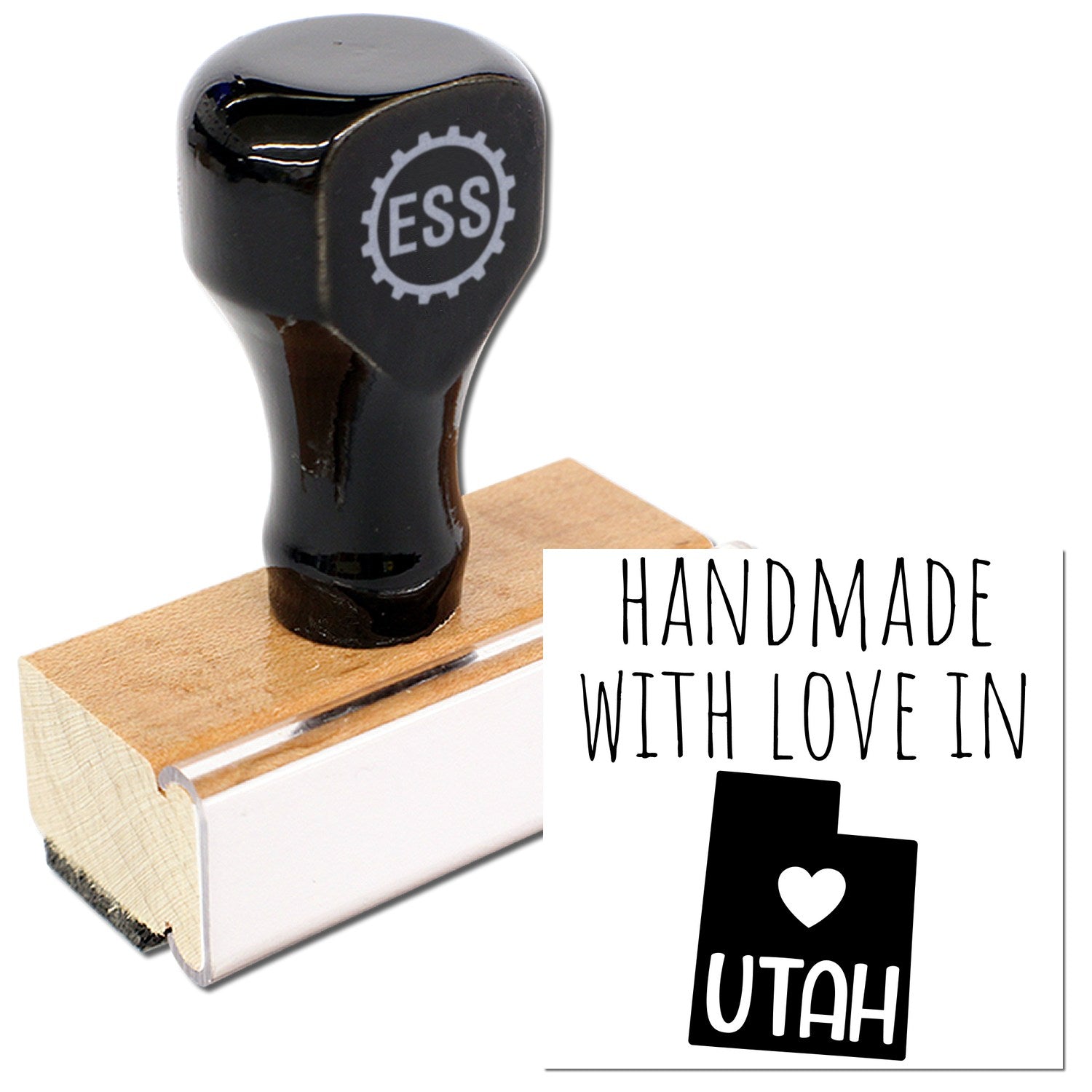 Wood Handle Utah Handmade with Love Rubber Stamp featuring a sleek black handle and natural wood base, perfect for adding a personal touch to crafts and gifts.