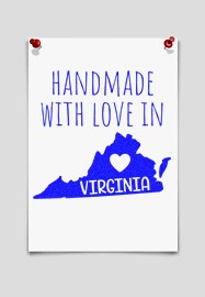 Handmade with Love in Virginia Slim Pre-Inked Stamp featuring a blue Virginia state outline with a heart, perfect for crafts and gifts. Compact design for easy use.