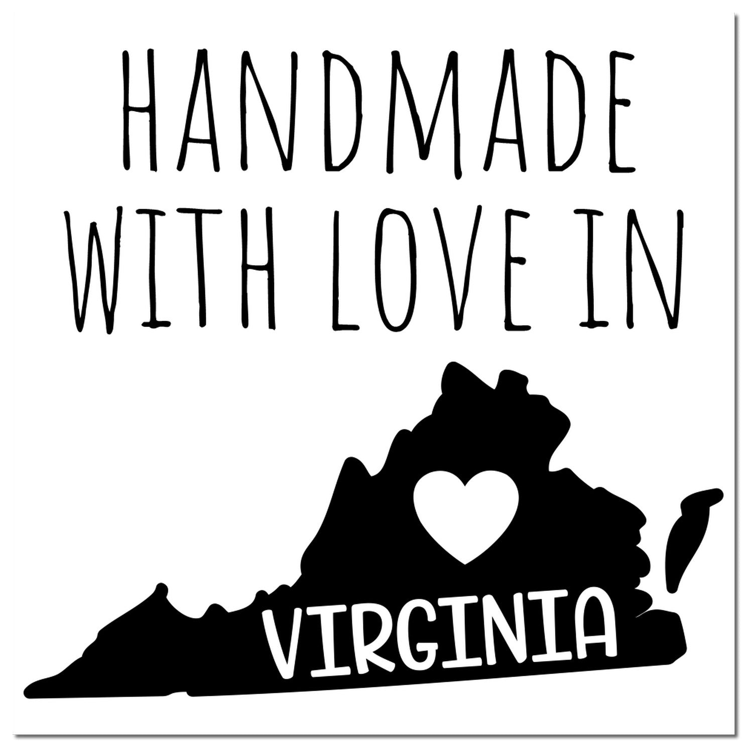 Handmade with Love in Virginia Slim Pre-Inked Stamp featuring a black silhouette of Virginia with a heart, perfect for crafts and gifts. High-quality, detailed design.