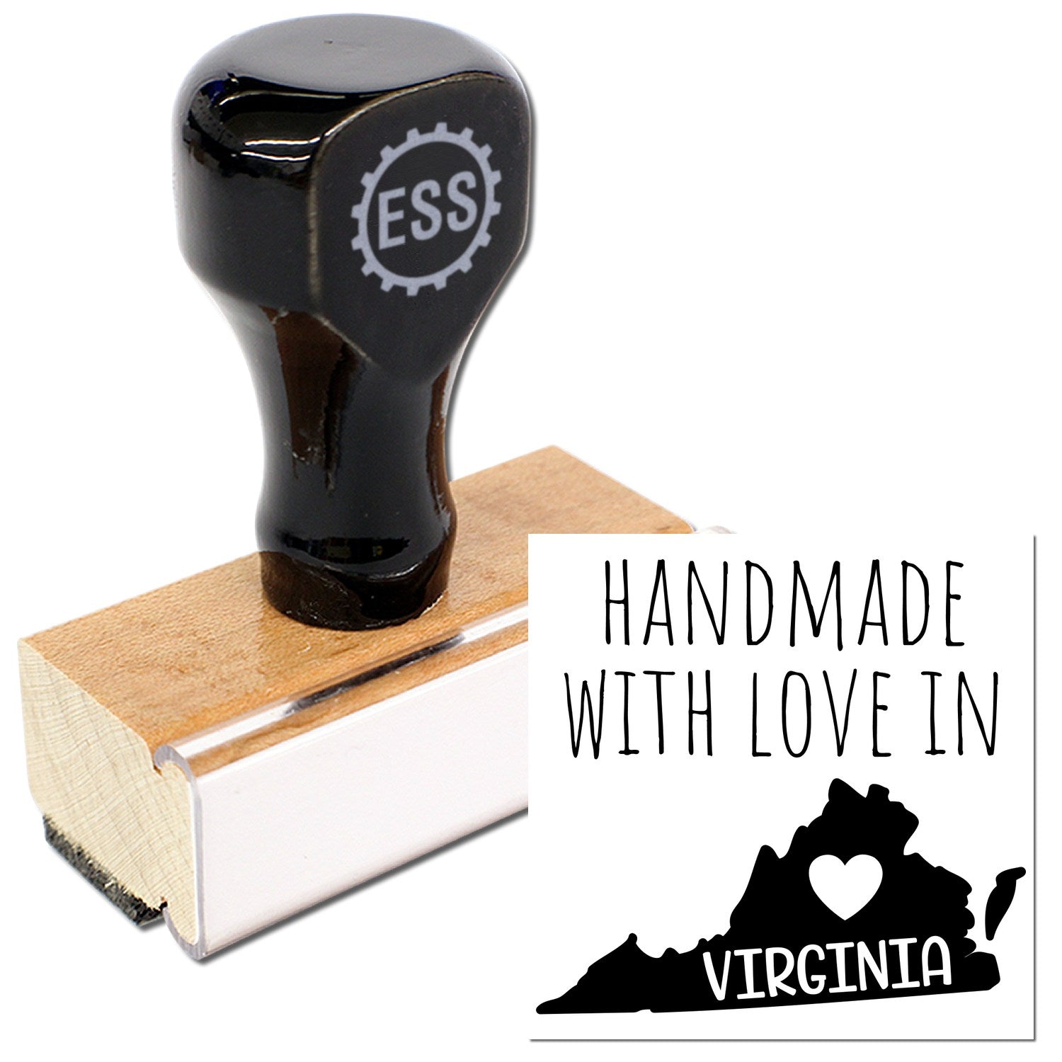 Wood Handle Virginia Handmade with Love Rubber Stamp featuring a black handle and wooden base, alongside a Handmade with Love in Virginia imprint design. Perfect for crafts and personalization.