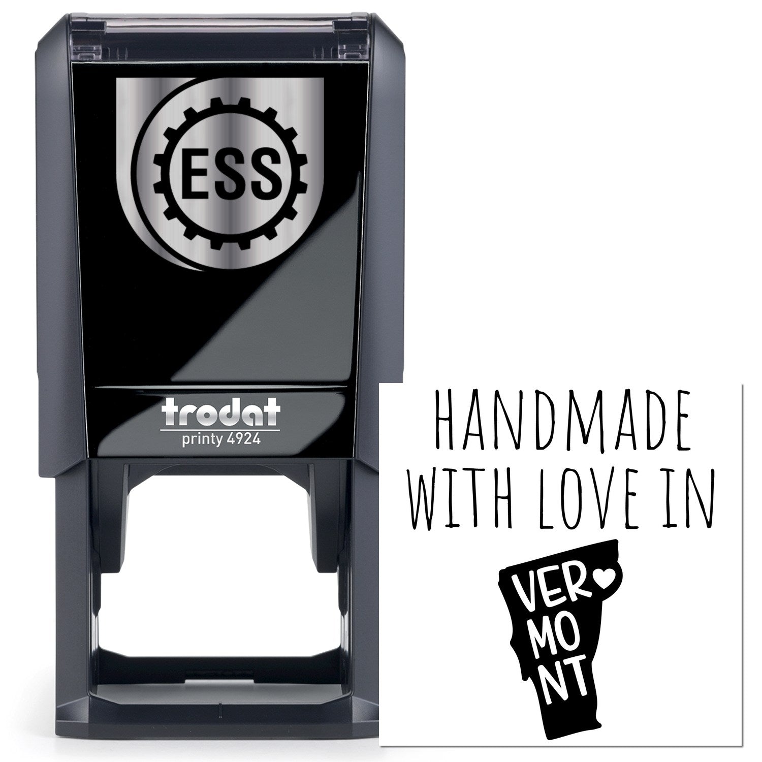 Self-Inking Vermont Handmade with Love Stamp featuring a sleek black design and Handmade with Love in Vermont text. Perfect for adding a personal touch to crafts and gifts.