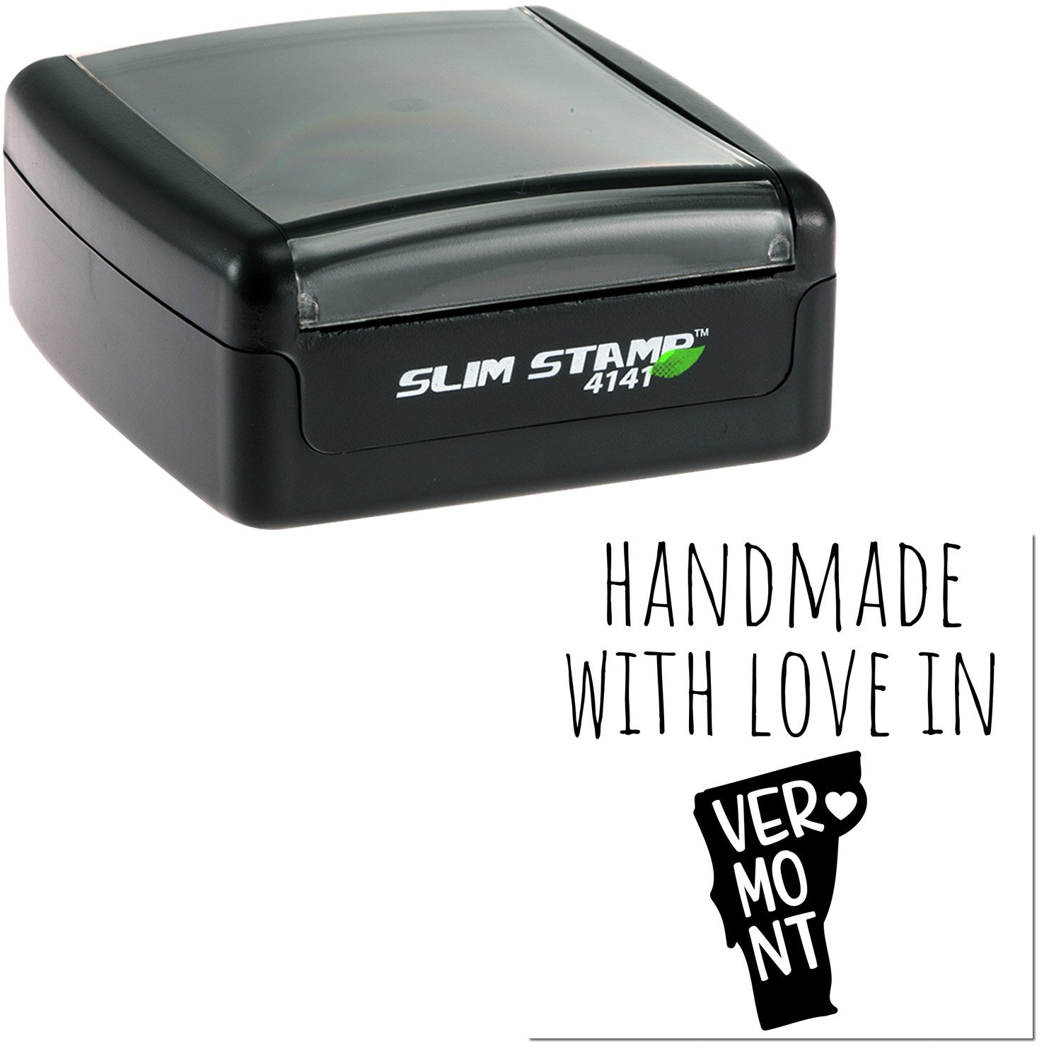 Handmade with Love in Vermont Slim Pre-Inked Stamp, featuring a sleek black design with Slim Stamp 4141 branding, perfect for crafting and personalizing projects.