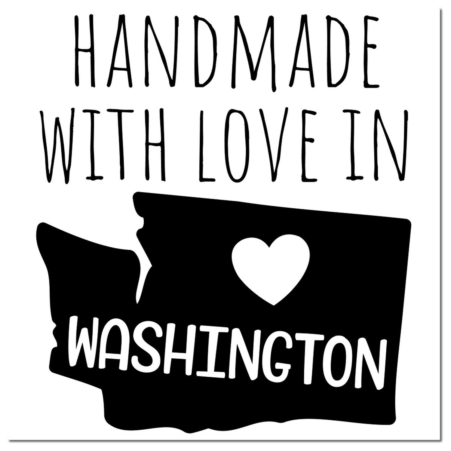 PSI Pre-Inked Handmade with Love in Washington stamp featuring a black silhouette of Washington state with a heart, emphasizing craftsmanship and local pride.