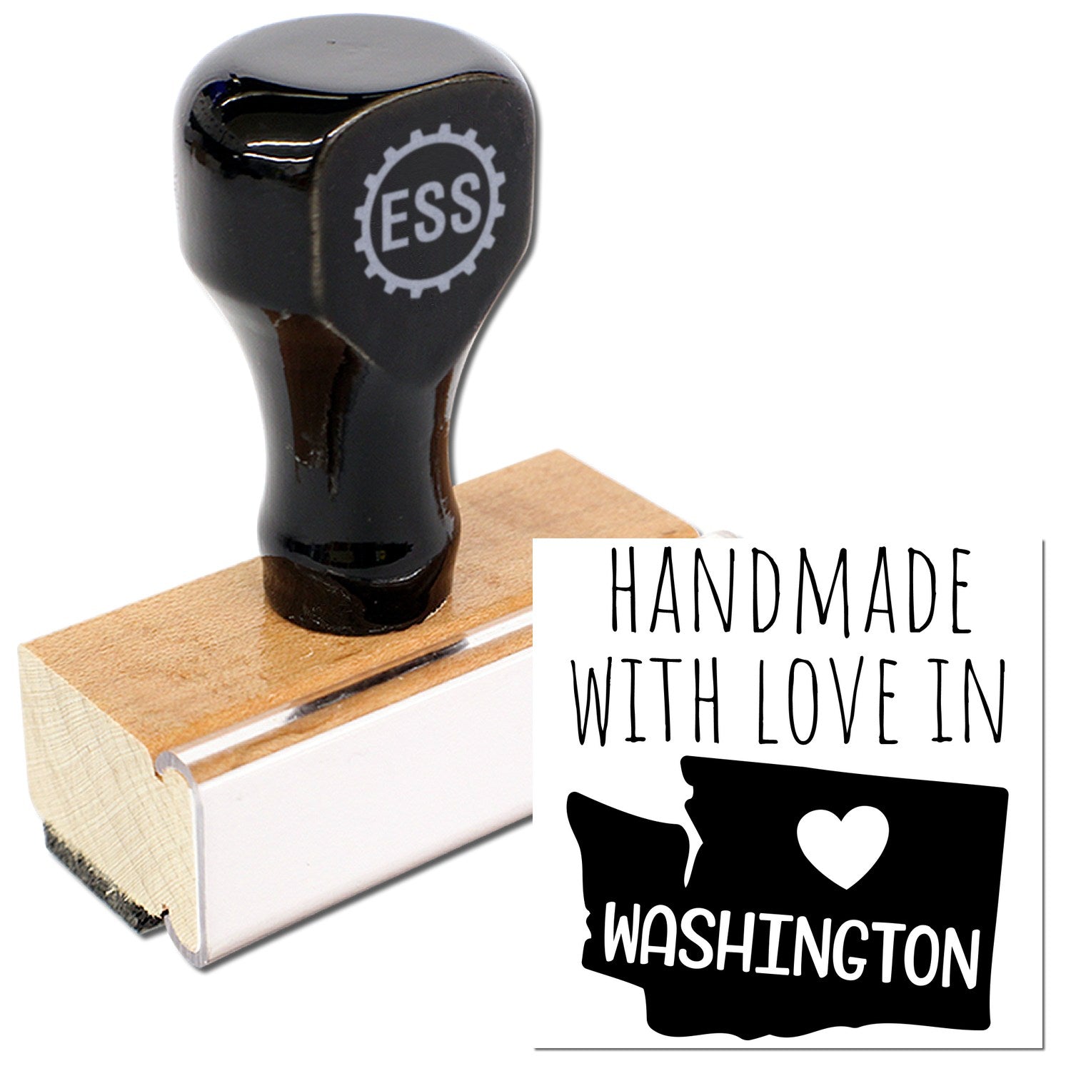 Wood Handle Washington Handmade with Love Rubber Stamp featuring a sleek black handle and natural wood base, alongside a stamped design of Washington state with a heart. Perfect for crafts.