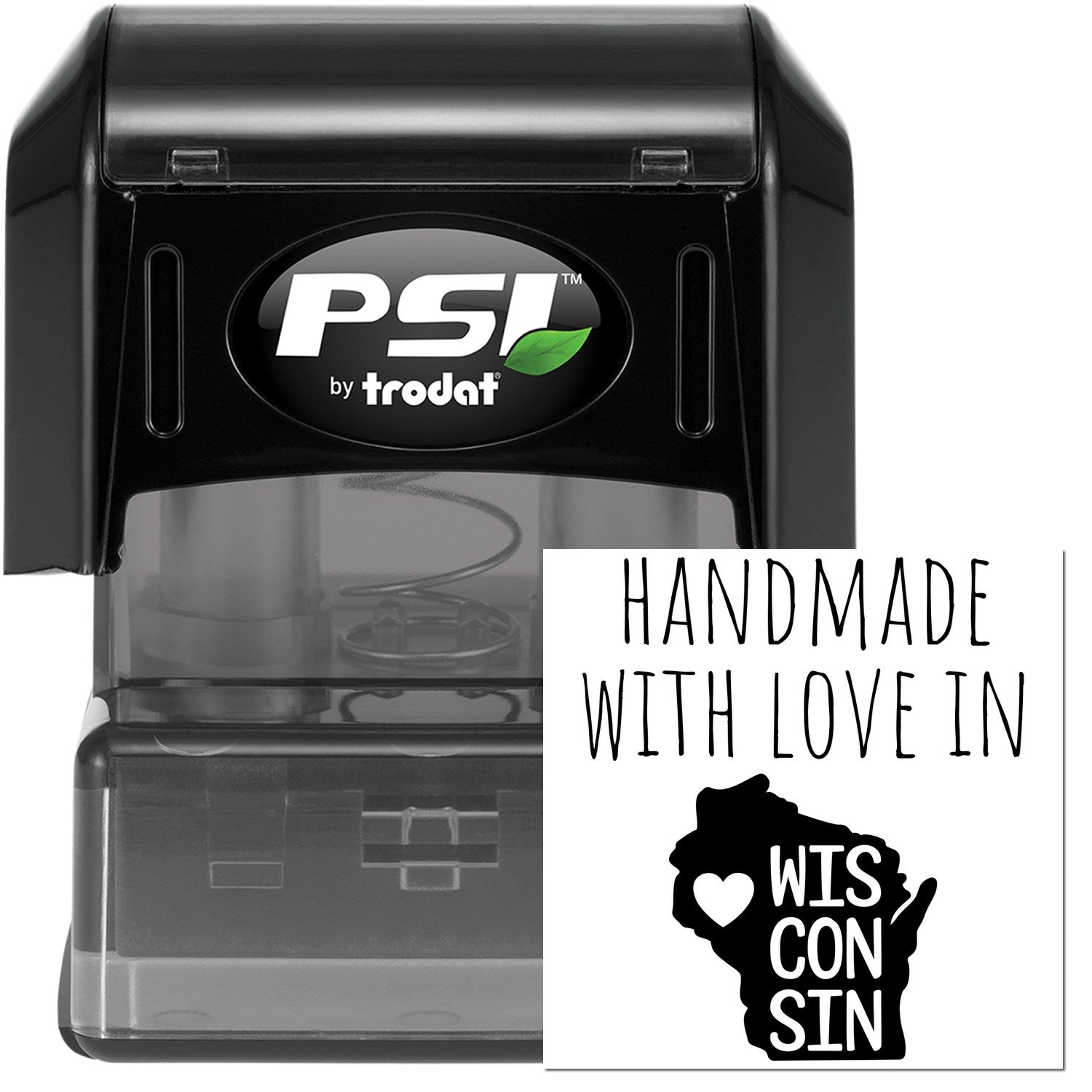 PSI Pre-Inked Handmade with Love in Wisconsin stamp, featuring a black casing and a design of Wisconsin with a heart, perfect for adding a personal touch to crafts and documents.