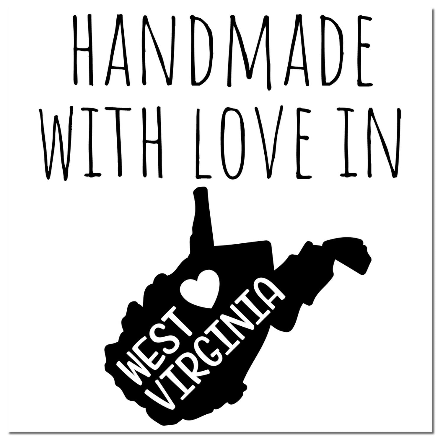 Self-Inking West Virginia Handmade with Love Stamp featuring a heart and state outline, perfect for crafts and gifts. Black design on a white background.