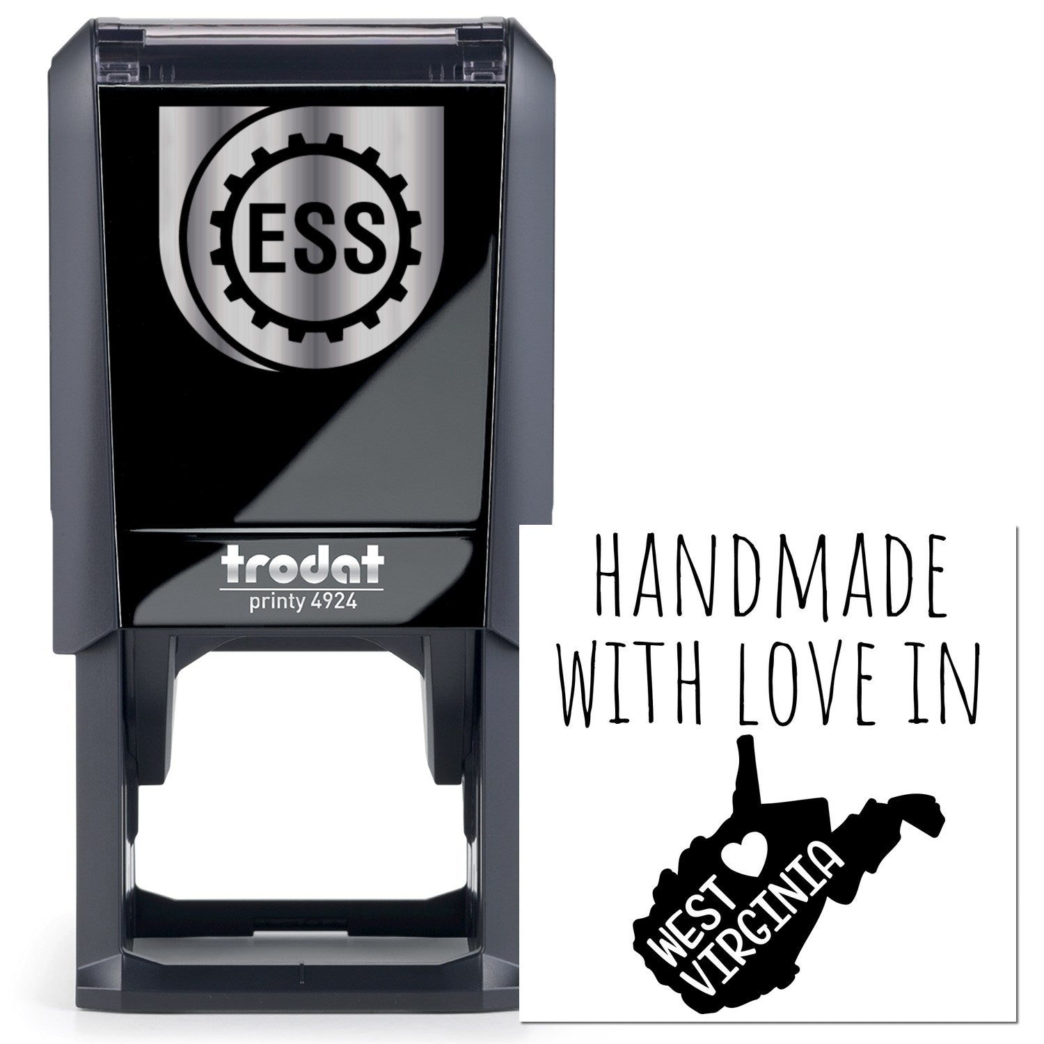 Self-Inking West Virginia Handmade with Love Stamp featuring a black casing and imprint of West Virginia map with heart. Perfect for adding a personal touch to crafts and gifts.