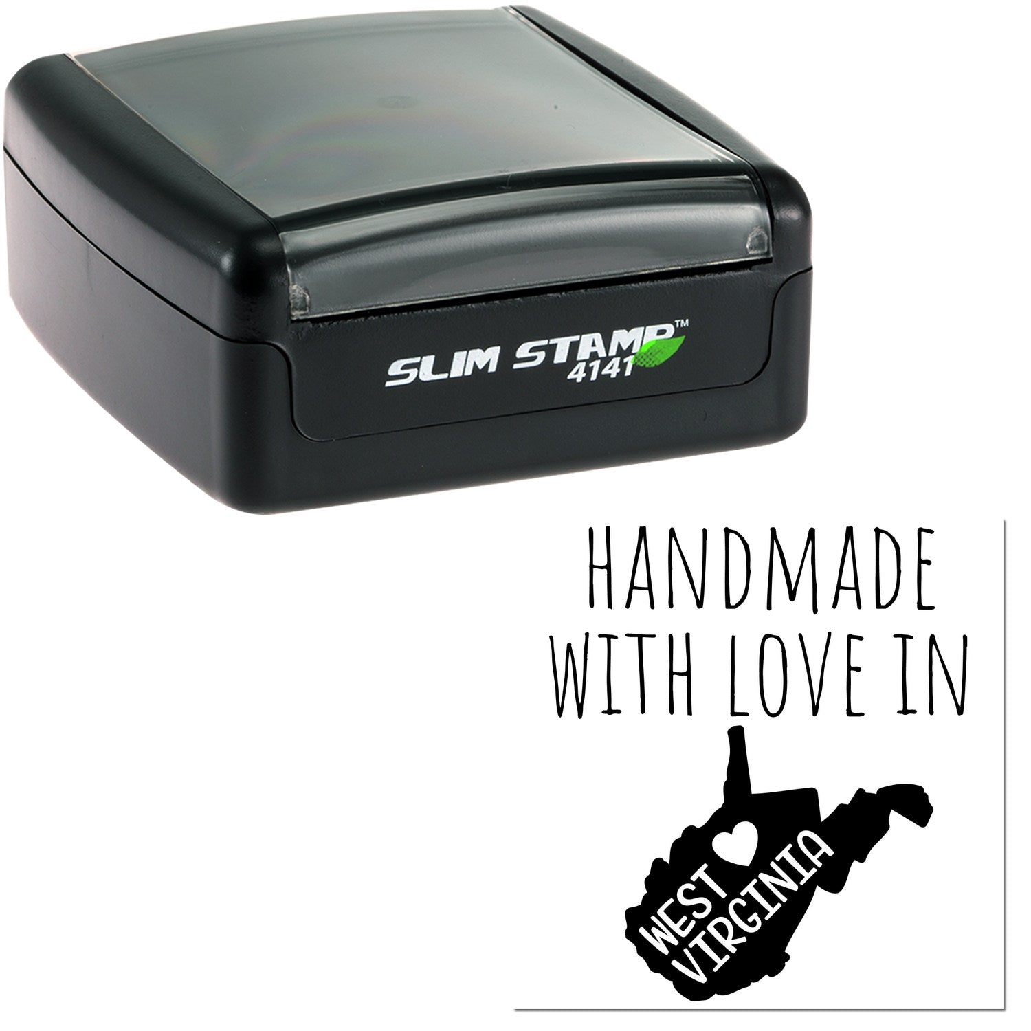 Handmade with Love in West Virginia Slim Pre-Inked Stamp, featuring a black compact design with 'Slim Stamp 4141' branding and a heart-shaped West Virginia graphic.