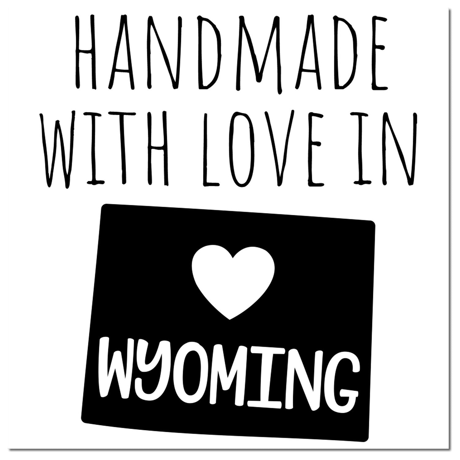 Self-Inking Wyoming Handmade with Love Stamp featuring a heart and 'Wyoming' text, perfect for crafts and gifts. Black design on a white background.