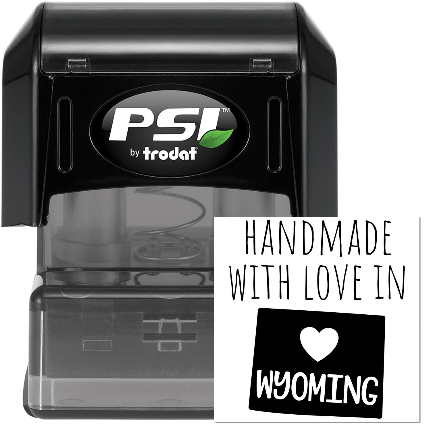 PSI Pre-Inked Handmade with Love in Wyoming stamp, featuring a black casing and a heart design with 'Handmade with Love in Wyoming' text.