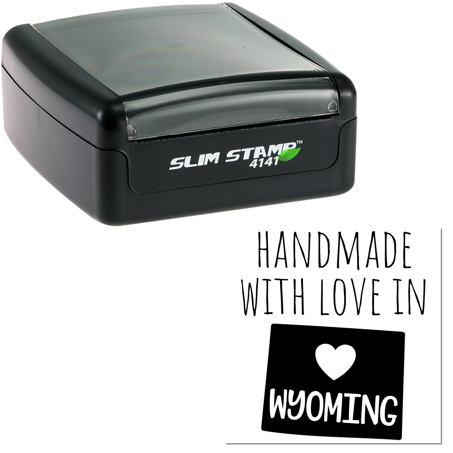 Handmade with Love in Wyoming Slim Pre-Inked Stamp, featuring a sleek black design with 'Slim Stamp 4141' branding, and a heart graphic with 'Wyoming' text.