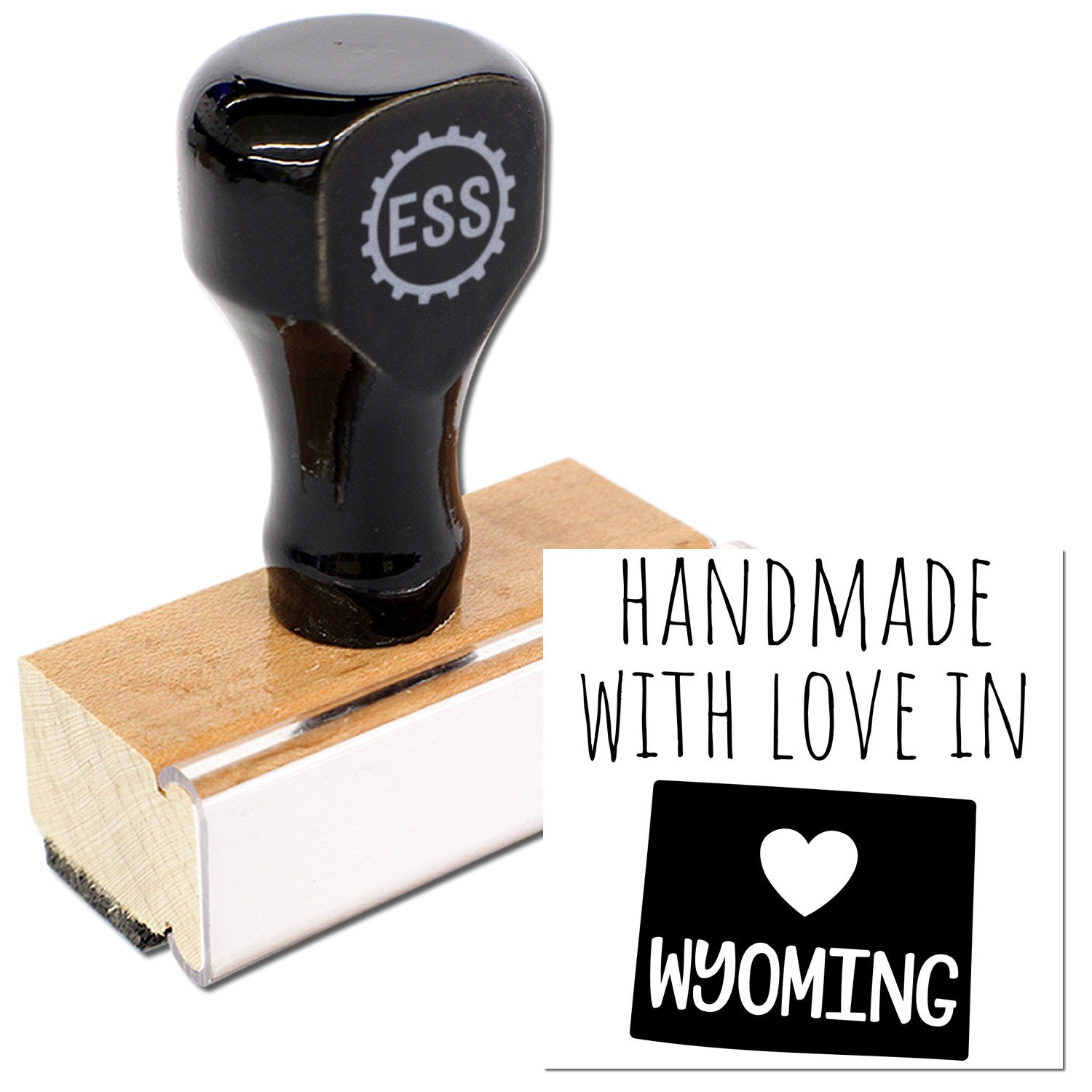 Wood Handle Wyoming Handmade with Love Rubber Stamp featuring a sleek black handle and wooden base, alongside a stamped image with Handmade with Love in Wyoming text and heart graphic.