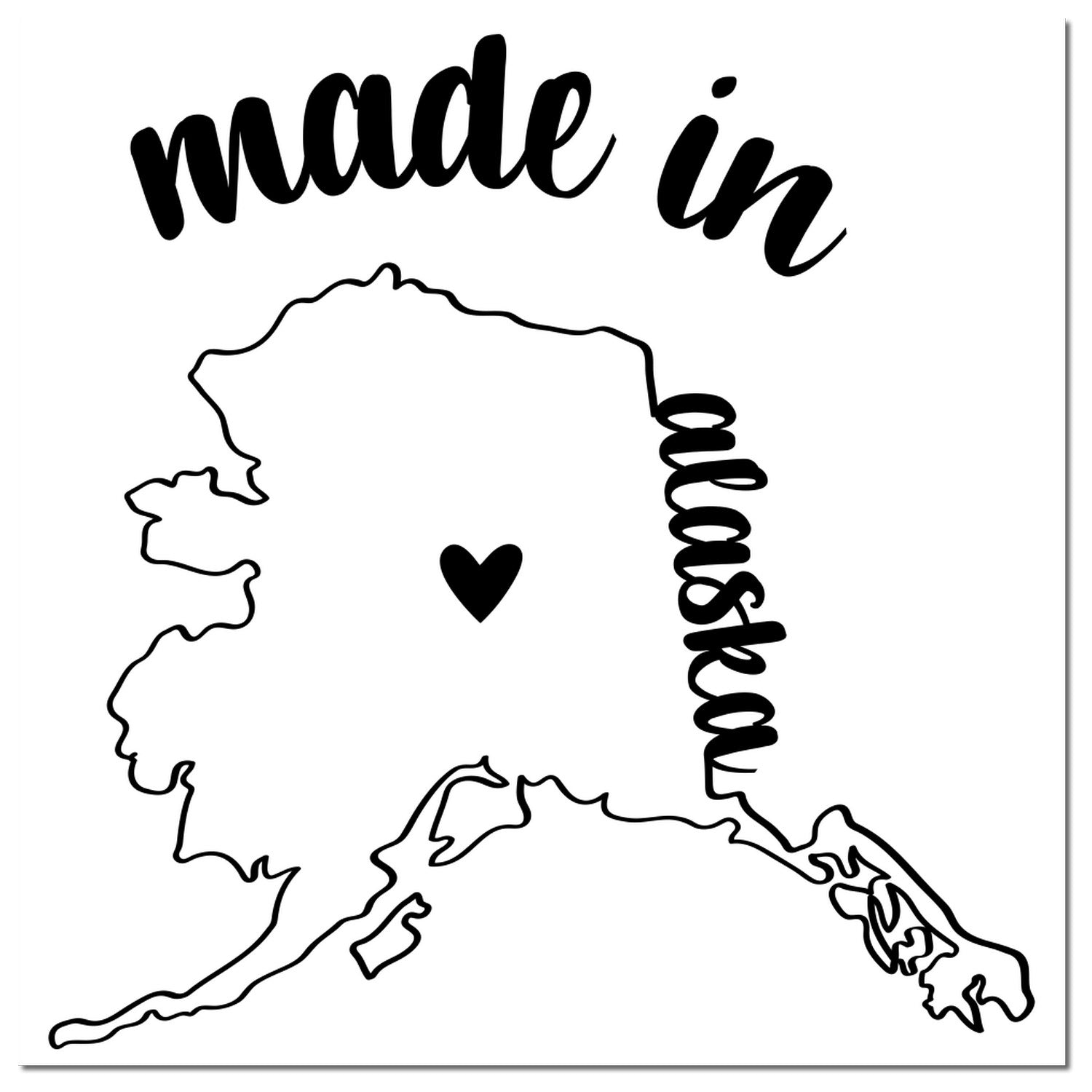 Made with Love in Alaska Rubber Stamp featuring a heart over an outline of Alaska with 'made in' and 'Alaska' text in stylish fonts.