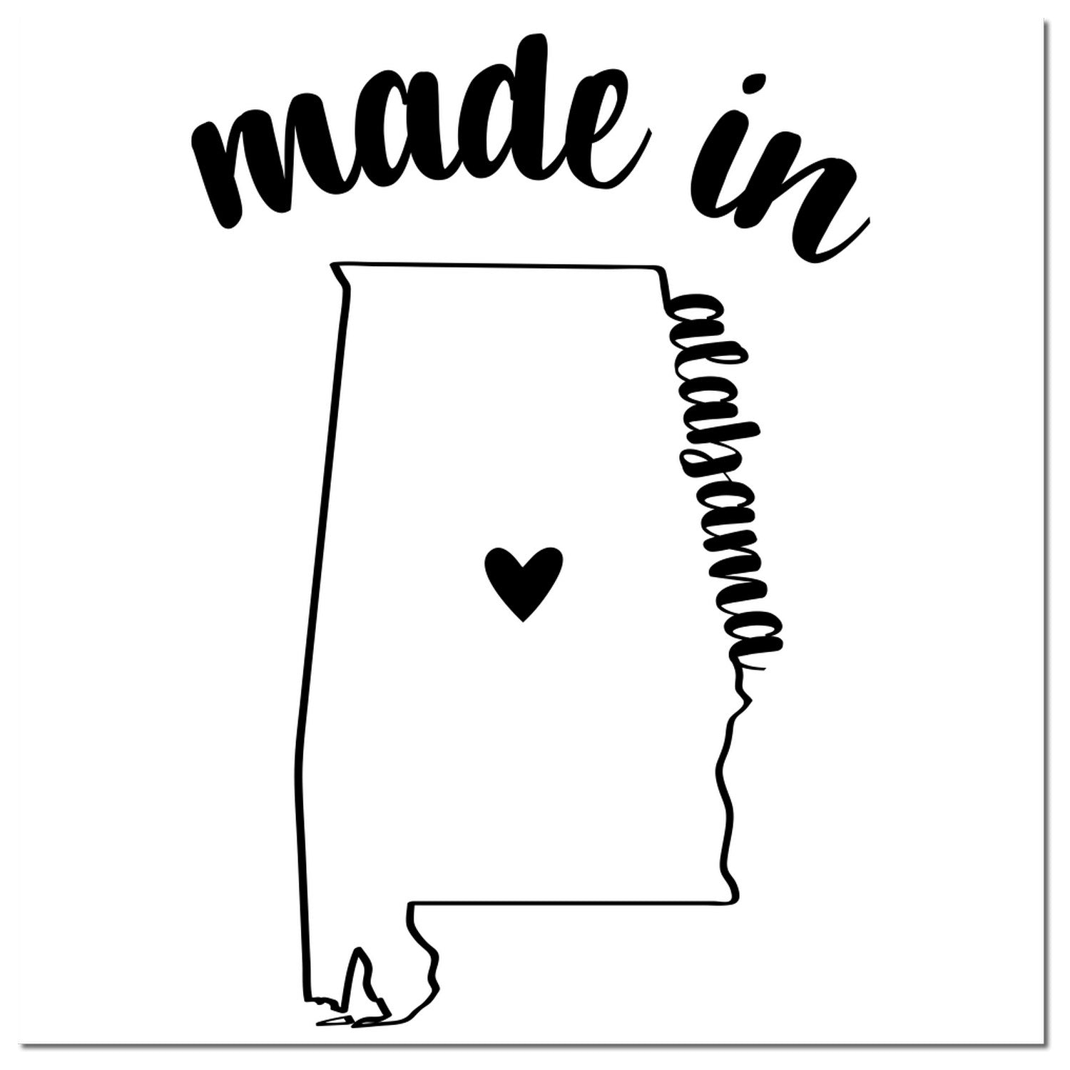 Slim Pre-Inked Stamp Alabama Made in Stamp featuring a black outline of Alabama with a heart and made in Alabama text. Perfect for adding a personal touch to your projects.