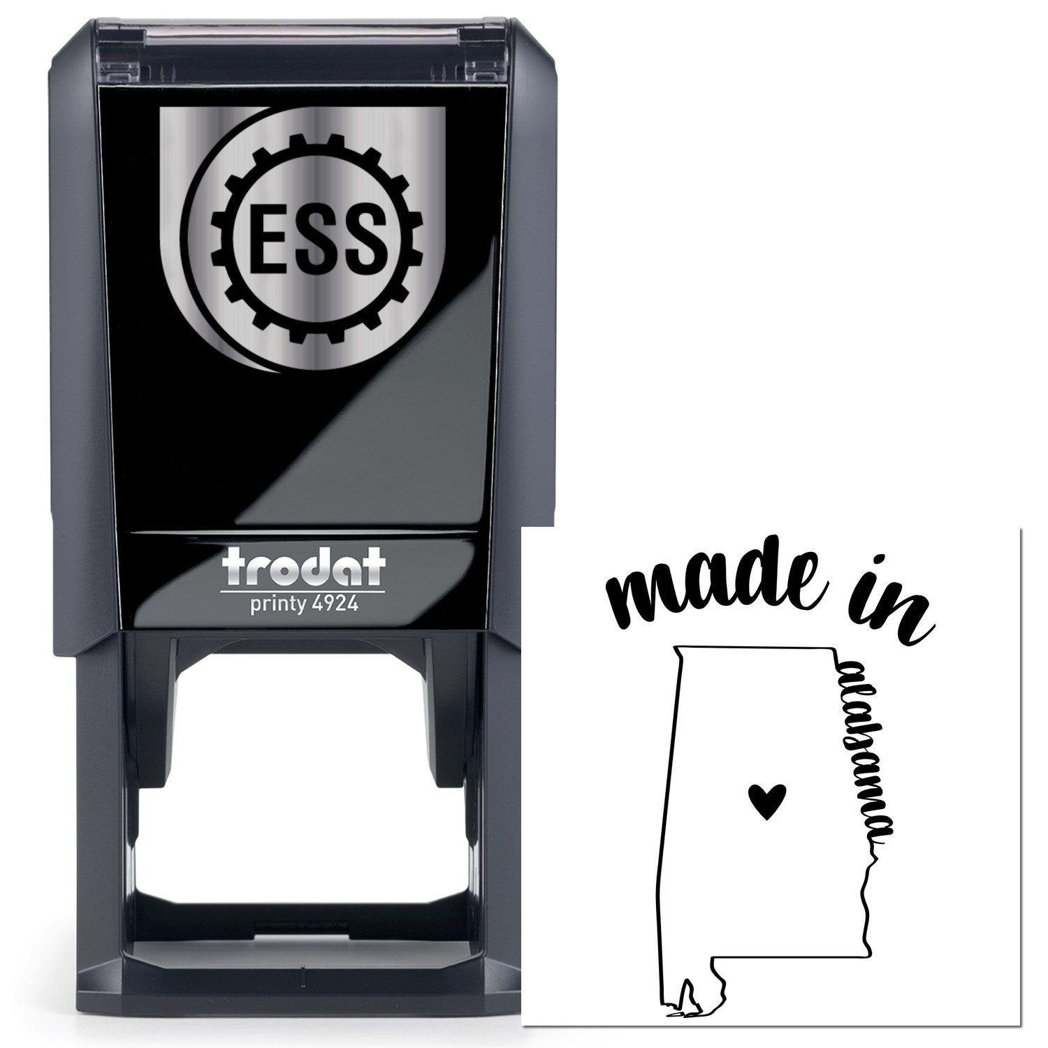 Self-Inking Handmade with Love in Alabama Stamp featuring a sleek black design with ESS logo. Perfect for adding a personal touch to crafts and gifts.