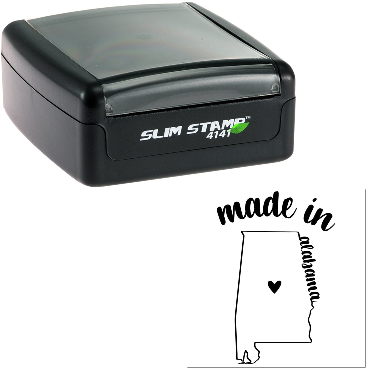 Slim Pre-Inked Stamp Alabama Made in Stamp, black casing, compact design, featuring 'made in Alabama' with state outline and heart graphic.