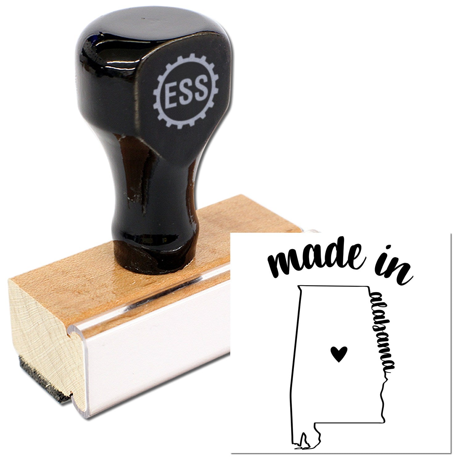 Made with Love in Alabama Rubber Stamp featuring a wooden handle and black rubber design, showcasing the state outline with a heart. Perfect for crafts and personalized projects.