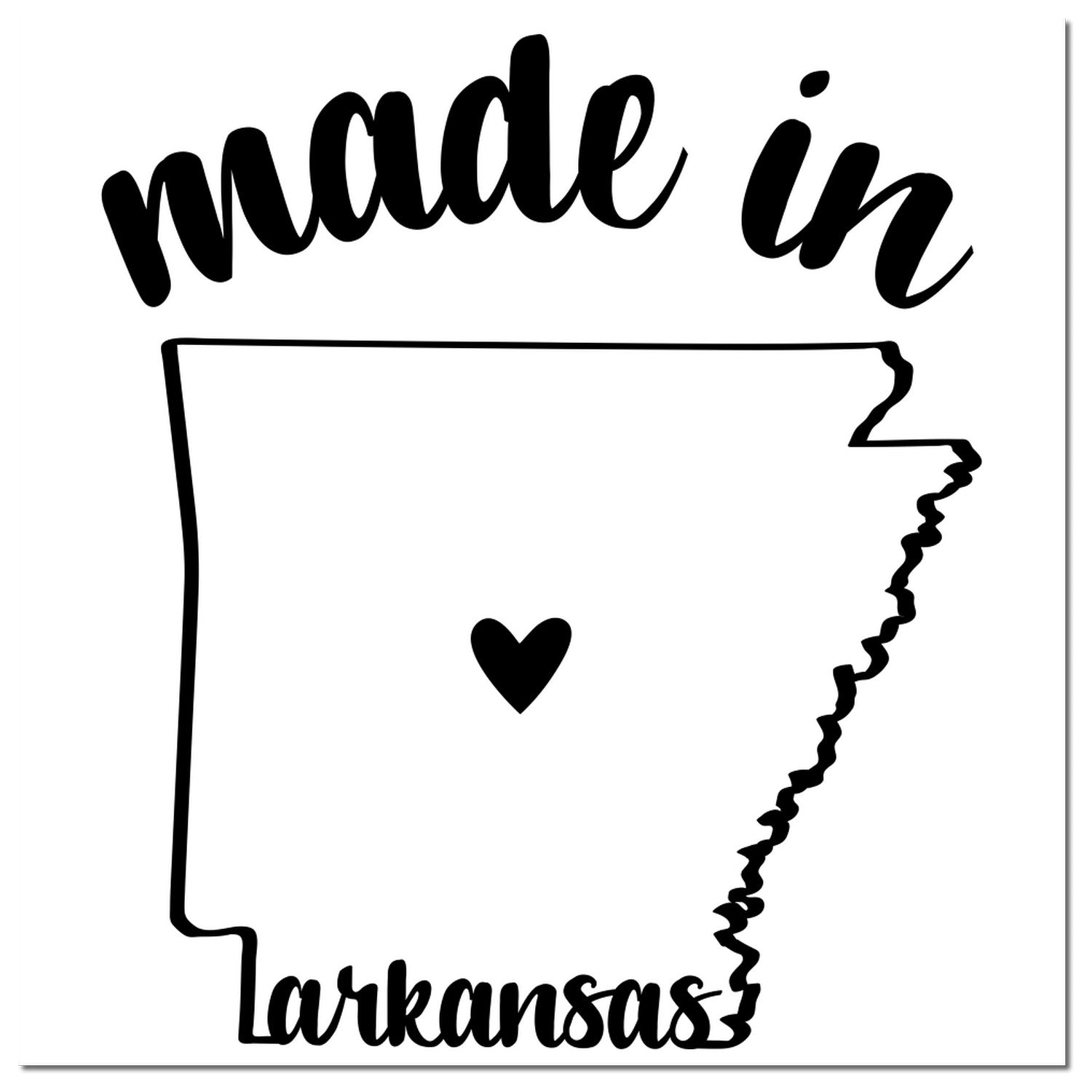 Slim Pre-Inked Stamp Arkansas Made in Stamp featuring a black outline of Arkansas with a heart in the center and made in Arkansas text above and below. Perfect for crafts and branding.