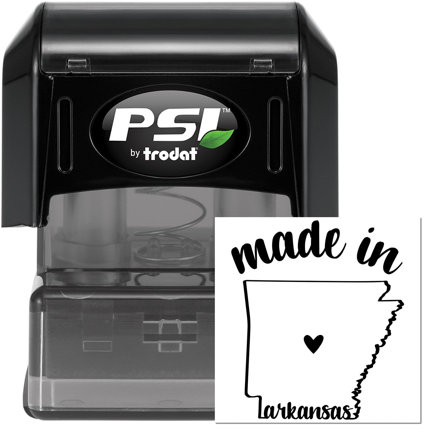 Made in Arkansas Stamp Pre-Inked, featuring a black casing with 'PSI' logo and a stamp design of Arkansas state outline with 'made in Arkansas' text and heart symbol.