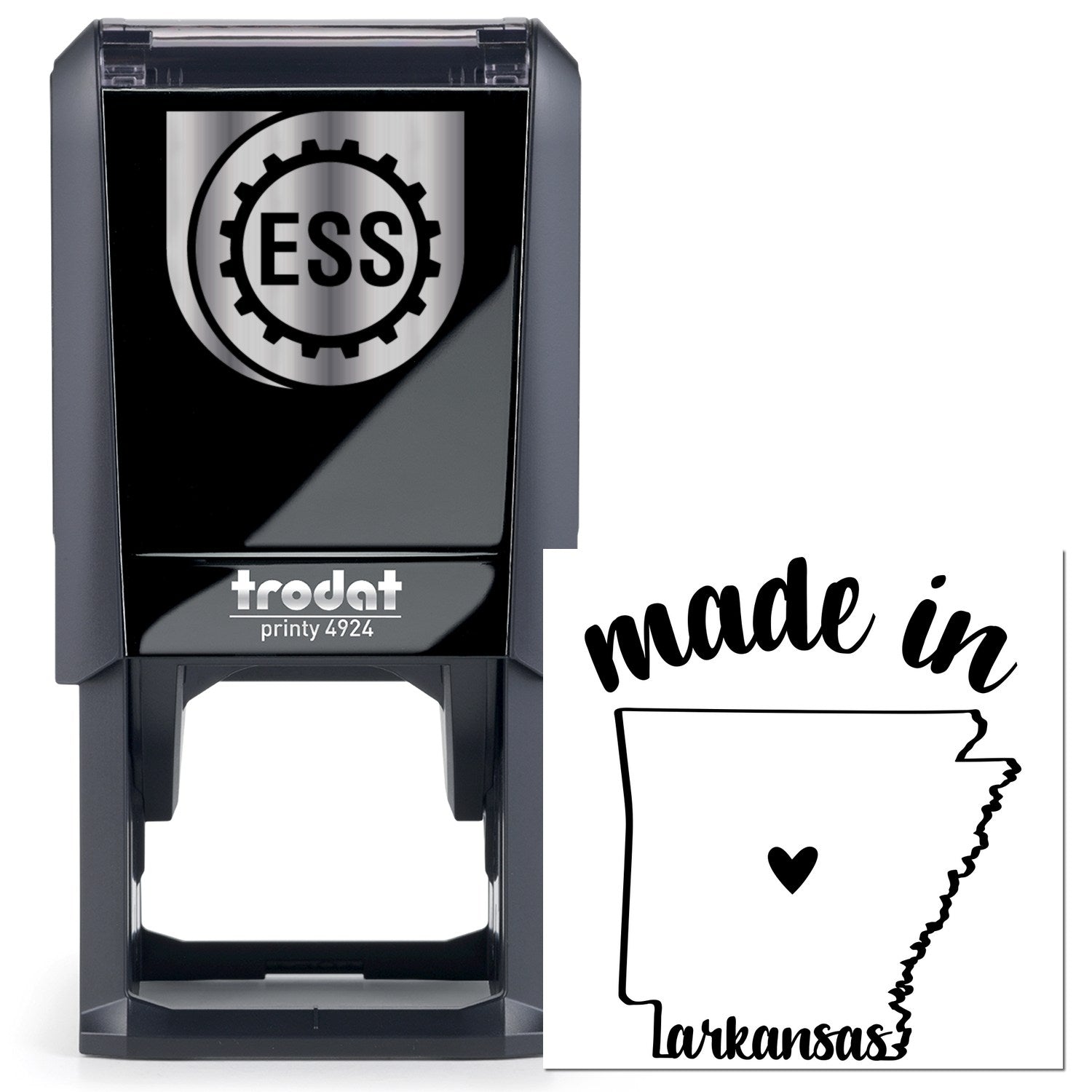 Self-Inking Handmade with Love in Arkansas Stamp featuring a sleek black design with ESS logo, perfect for adding a personal touch to crafts and gifts.