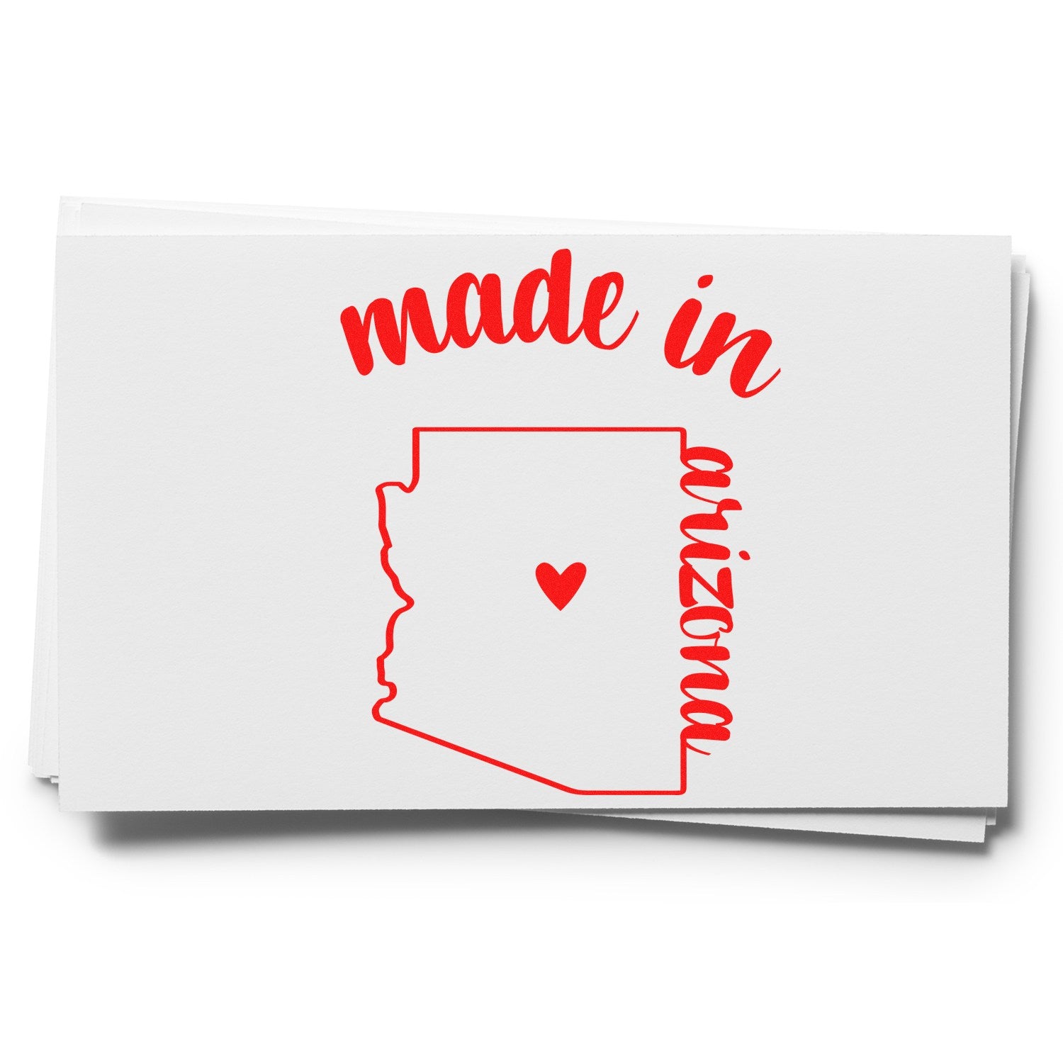 Made in Arizona Stamp Pre-Inked featuring a red outline of Arizona with a heart, and 'made in Arizona' text in bold red on a white background.