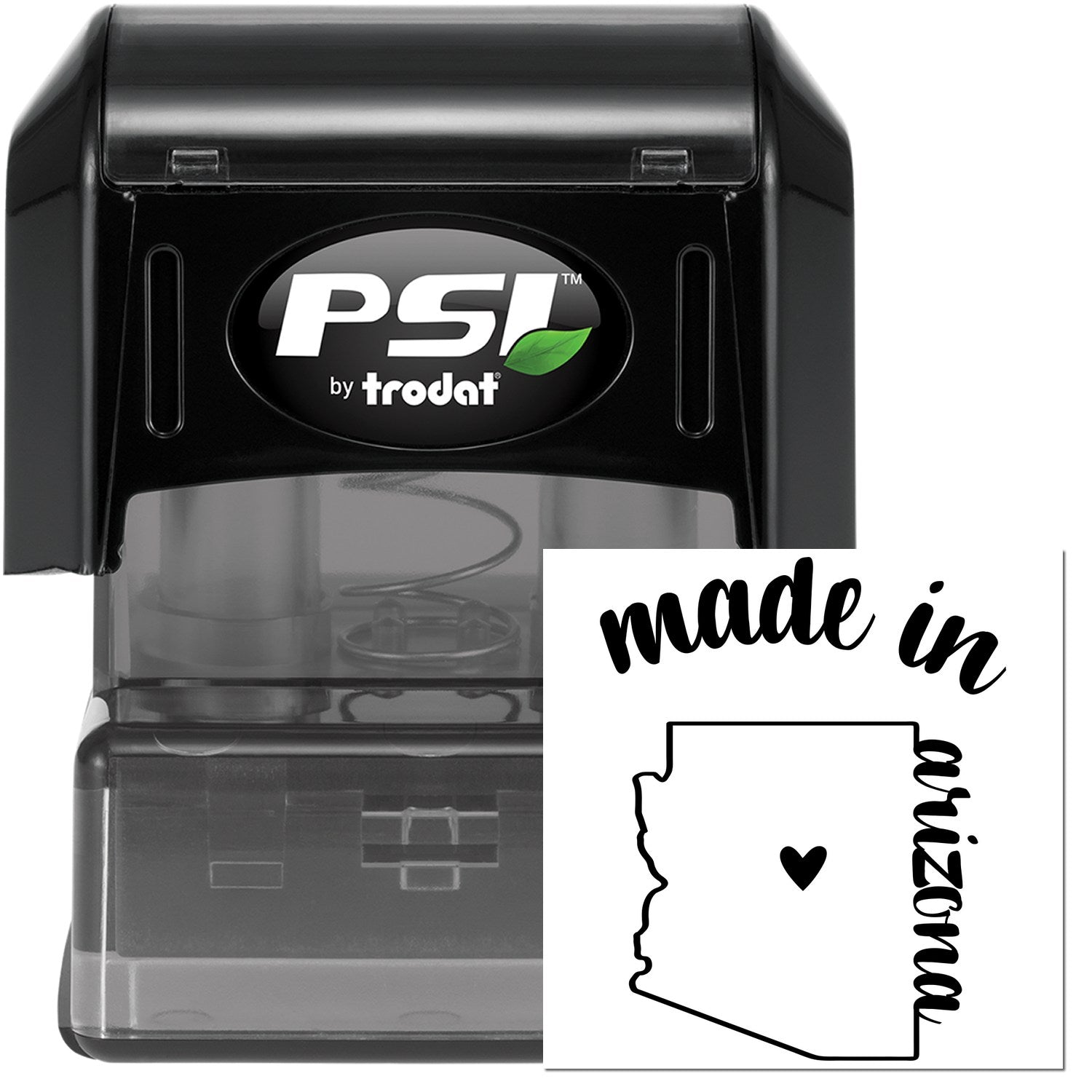 Made in Arizona Stamp Pre-Inked, featuring a black casing with 'PSI' logo and a stamp design of Arizona state outline with 'made in arizona' text and heart symbol.