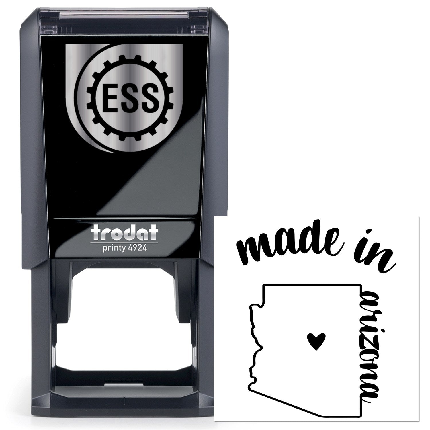 Self-Inking Handmade with Love in Arizona Stamp featuring a sleek black design with ESS logo and made in Arizona text, perfect for adding a personal touch to crafts and gifts.