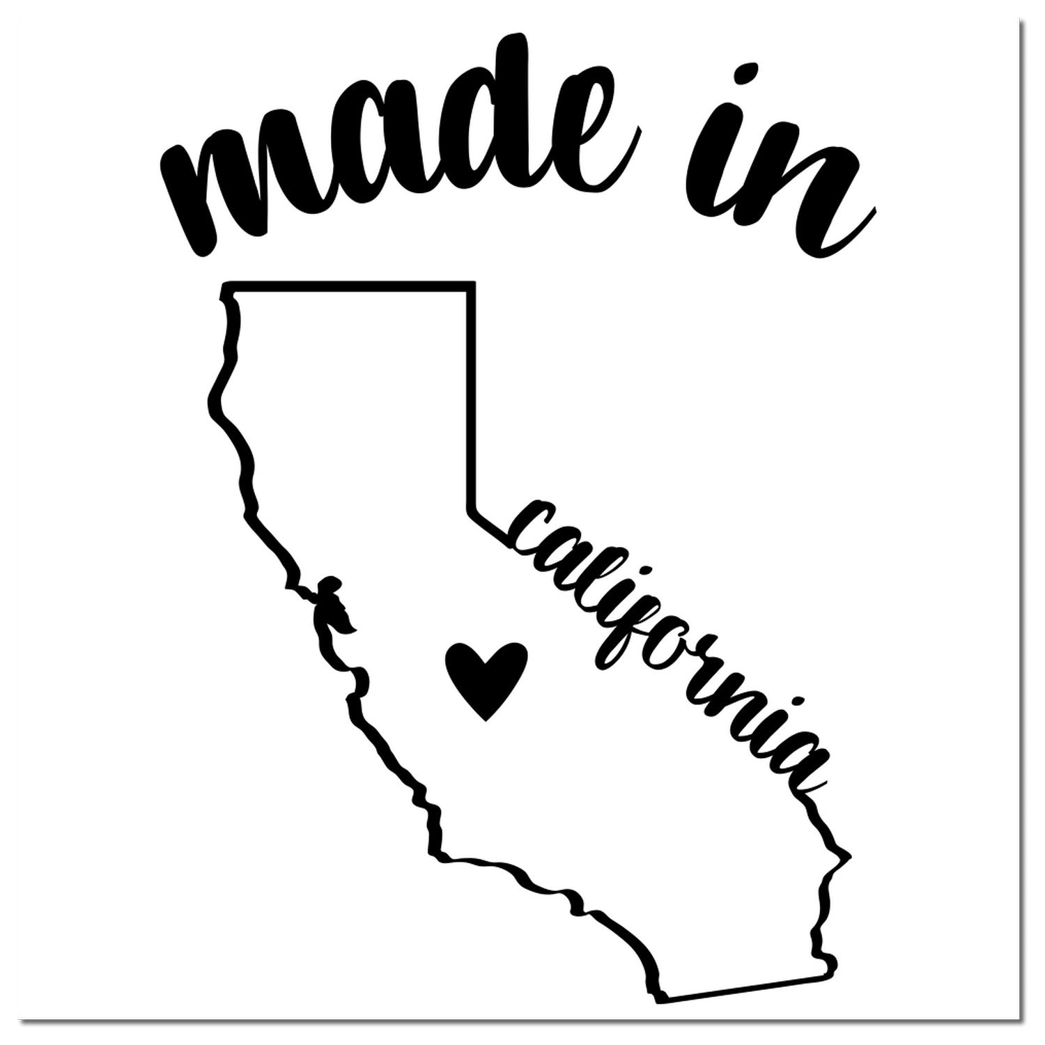 Self-Inking Handmade with Love in California Stamp featuring a black outline of California with made in and california text, plus a heart symbol. Perfect for crafts and packaging.