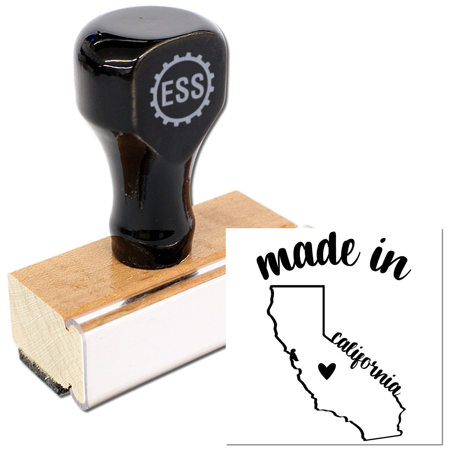 Made with Love in California Rubber Stamp featuring a wooden handle and black rubber design, showcasing the state outline with a heart. Perfect for crafts and personalized projects.