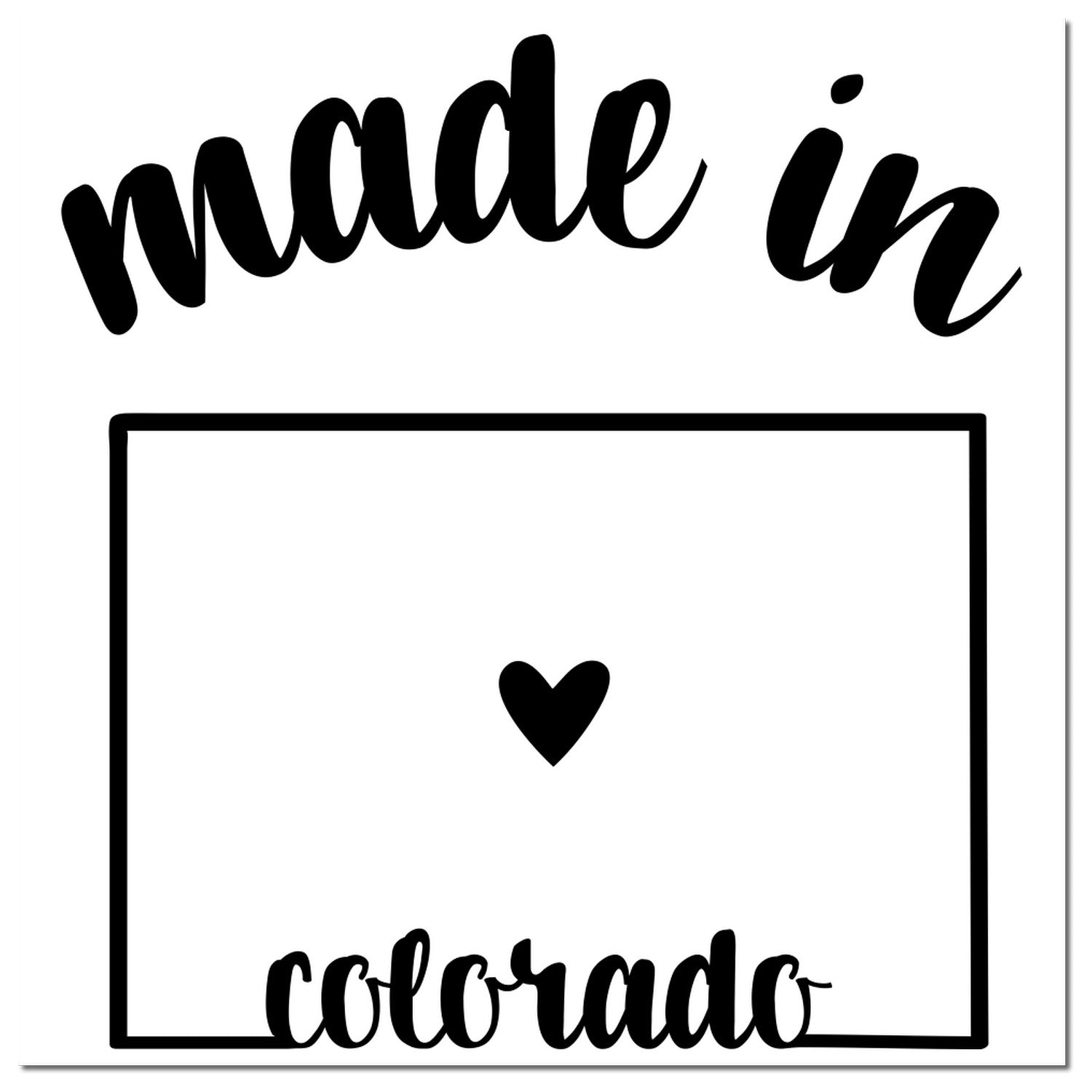 Made with Love in Colorado Rubber Stamp featuring bold script text with a heart symbol in the center, perfect for crafts and gifts. Black ink imprint on a white background.