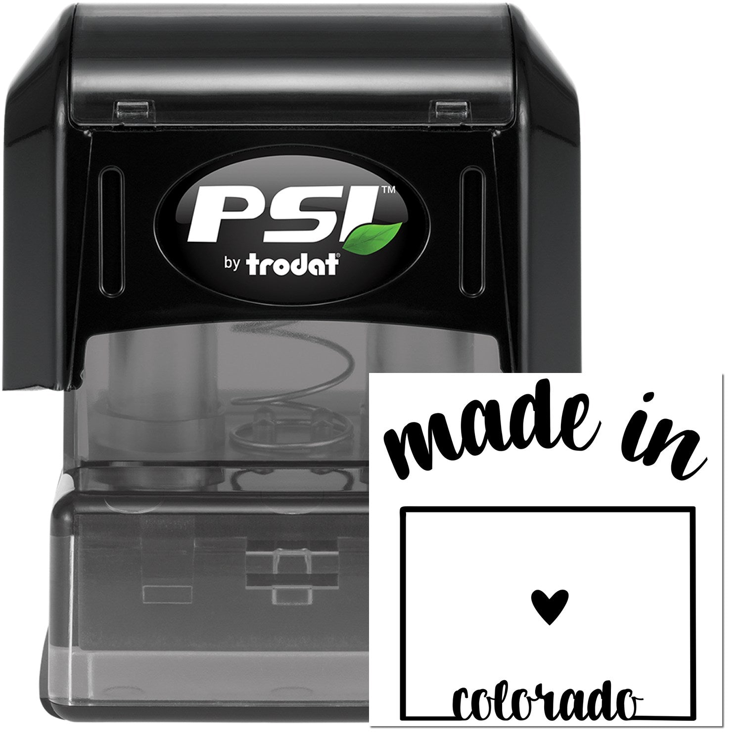 Made in Colorado Stamp Pre-Inked, featuring a black casing with 'PSI' logo and a stamp design with 'made in Colorado' text and heart symbol.