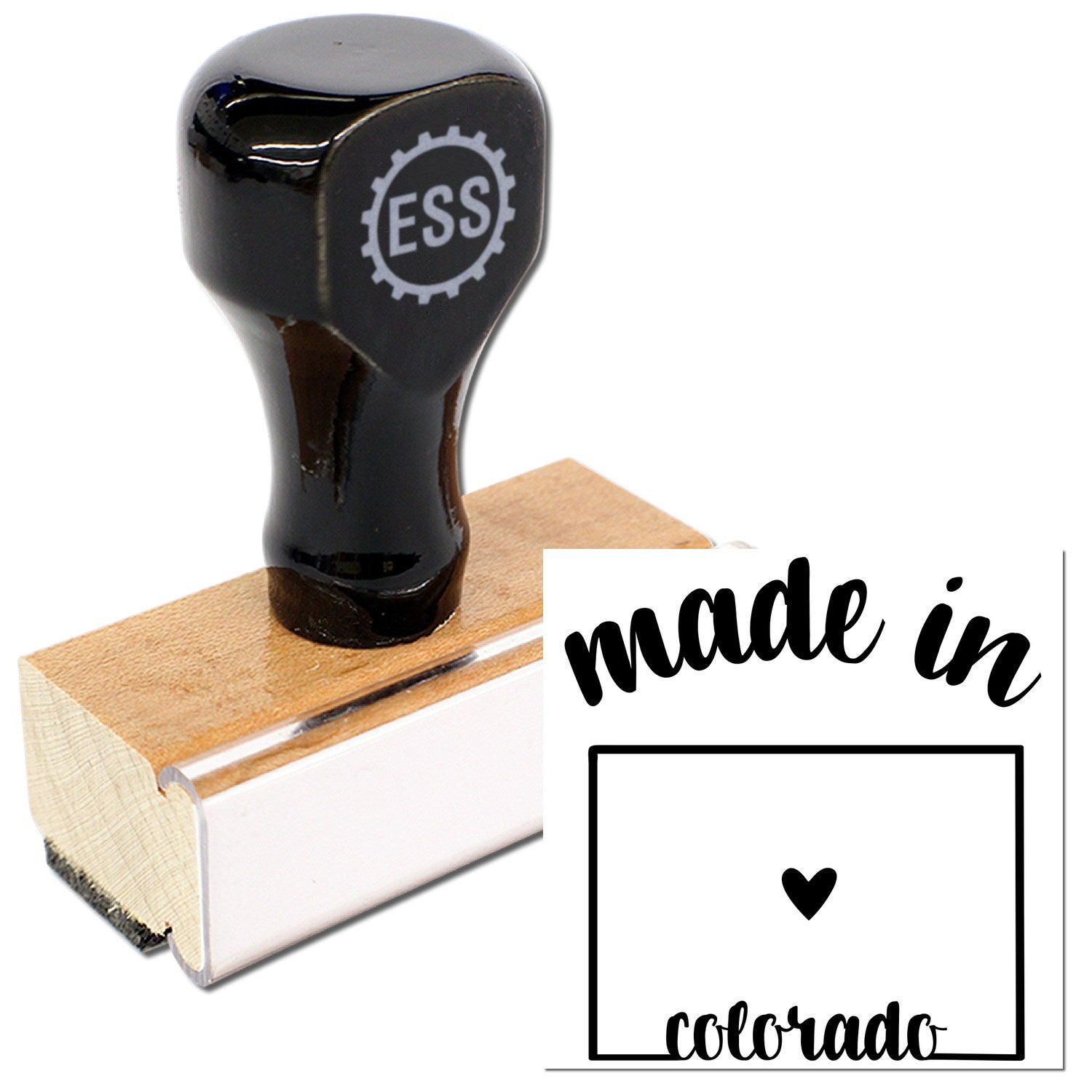 Made with Love in Colorado Rubber Stamp featuring a wooden handle and black rubber design, perfect for crafting and personalizing projects.