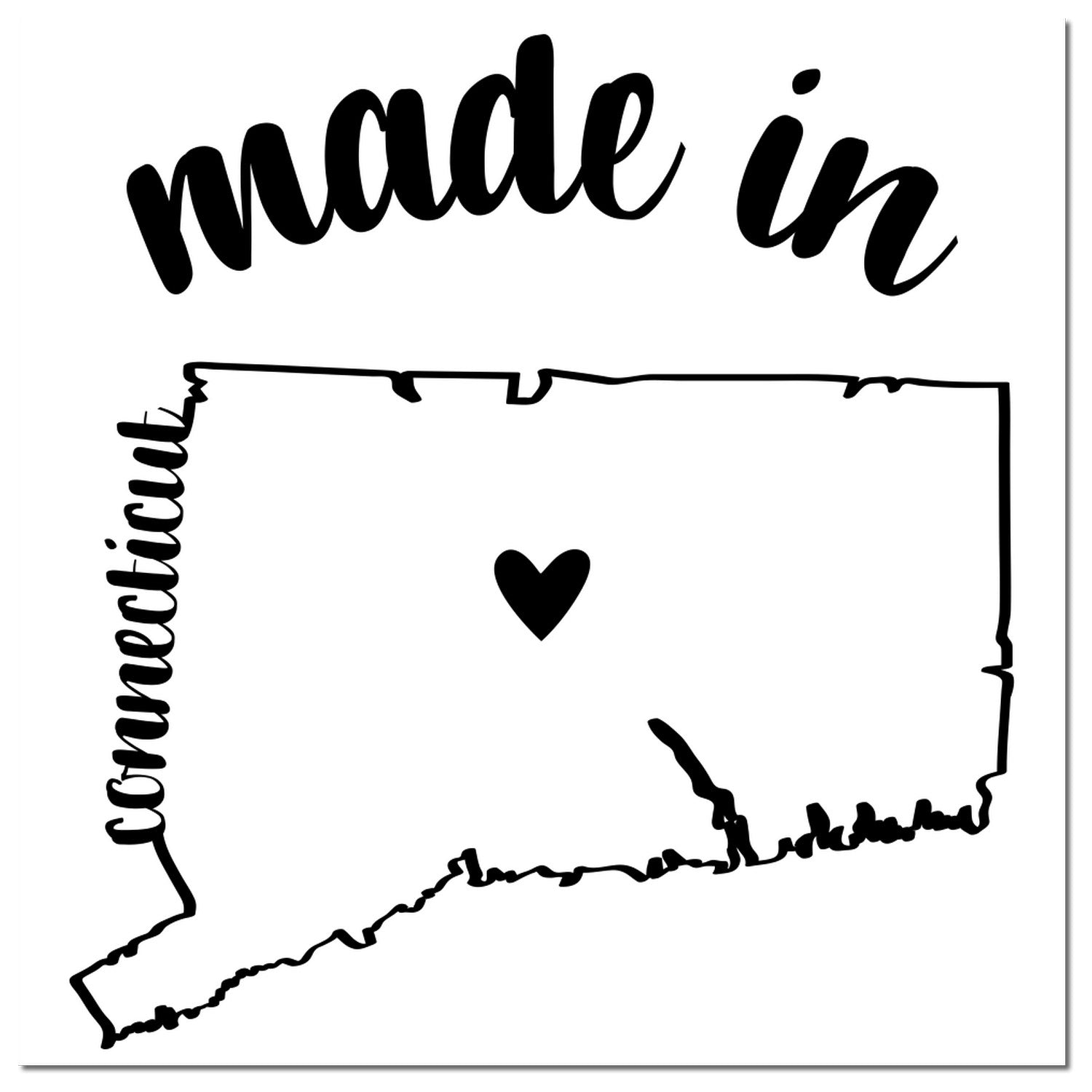 Made in Connecticut Stamp Pre-Inked featuring a black outline of Connecticut with a heart in the center and made in text above. Perfect for adding a local touch to your projects.