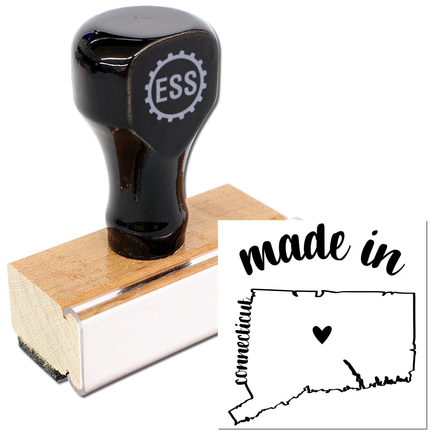 Made with Love in Connecticut Rubber Stamp featuring a wooden handle and black rubber design with a heart and state outline. Perfect for crafts and personalized projects.