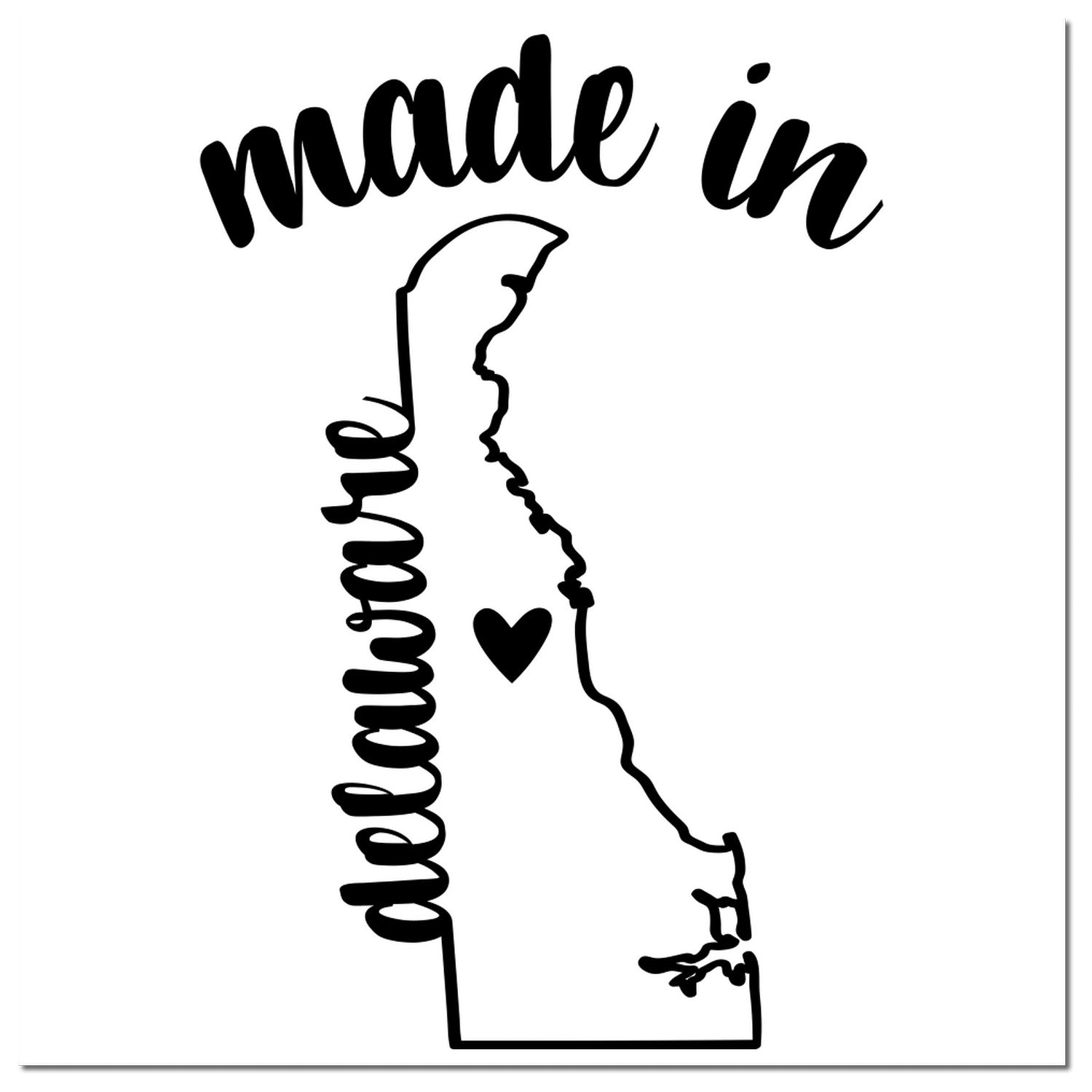 Made with Love in Delaware Rubber Stamp featuring a black outline of Delaware with a heart symbol, and the words 'made in' and 'delaware' in stylish script.