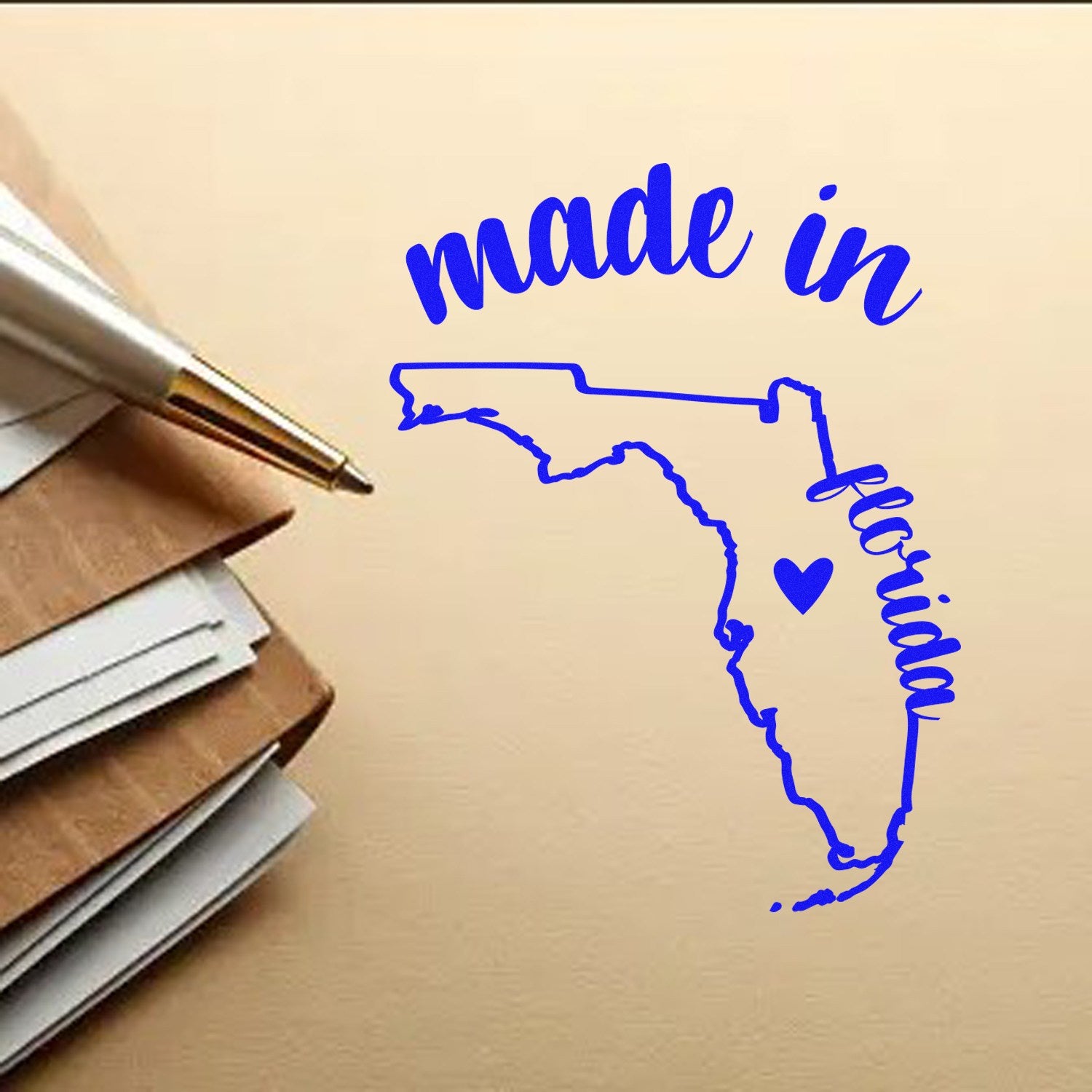 Made with Love in Florida Rubber Stamp featuring a blue outline of Florida with 'made in' and 'Florida' text, perfect for adding a personal touch to crafts and stationery.