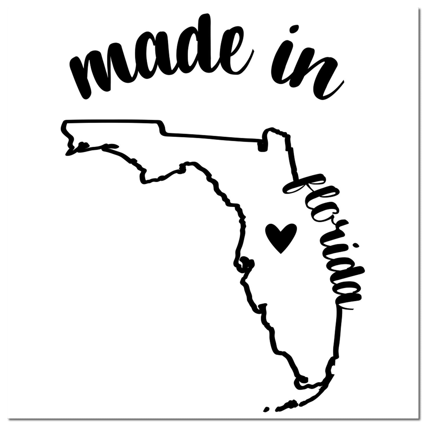 Self-Inking Handmade with Love in Florida Stamp featuring a black outline of Florida with 'made in' and 'Florida' text, and a heart symbol. Perfect for crafts and gifts.