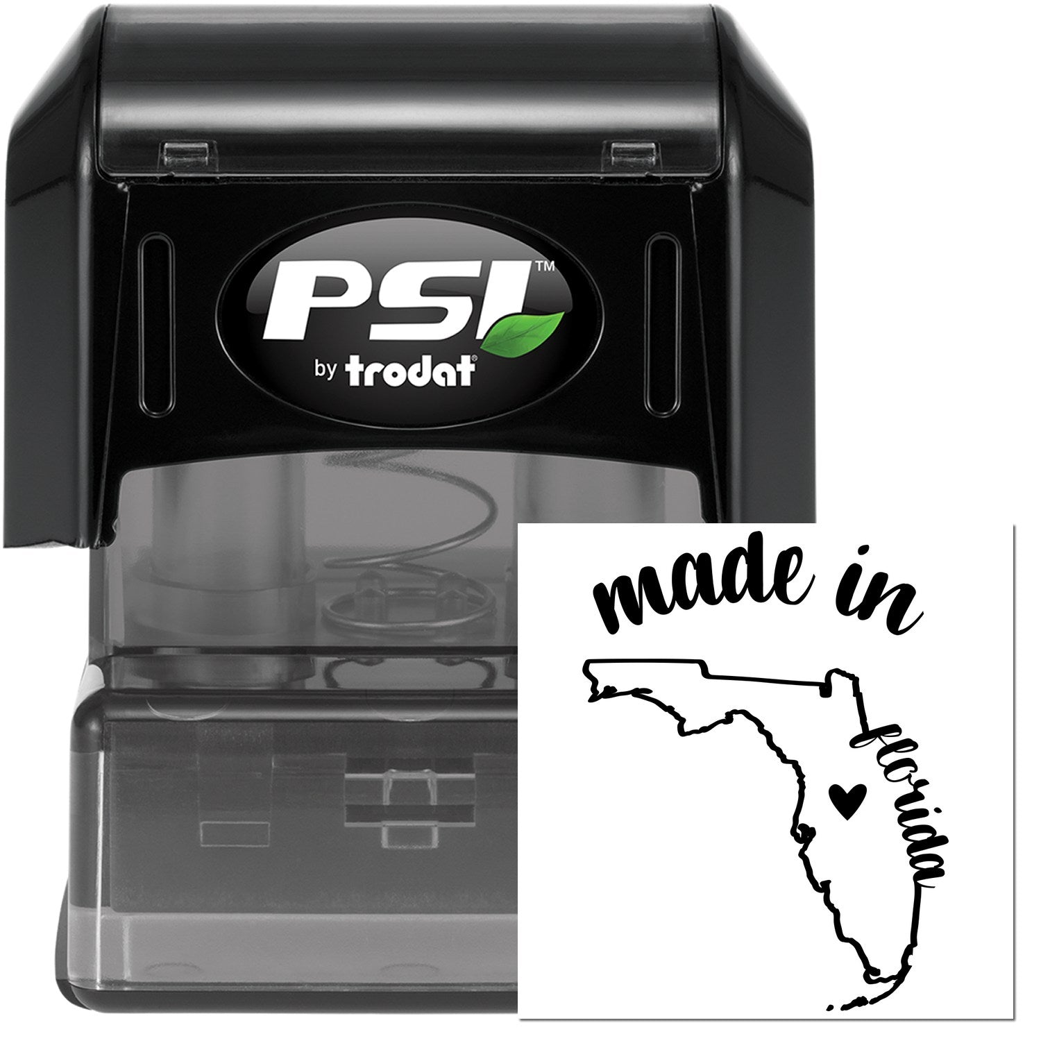 Made in Florida Stamp Pre-Inked, featuring a black casing with a map outline of Florida and 'made in Florida' text, ideal for crafting and branding.