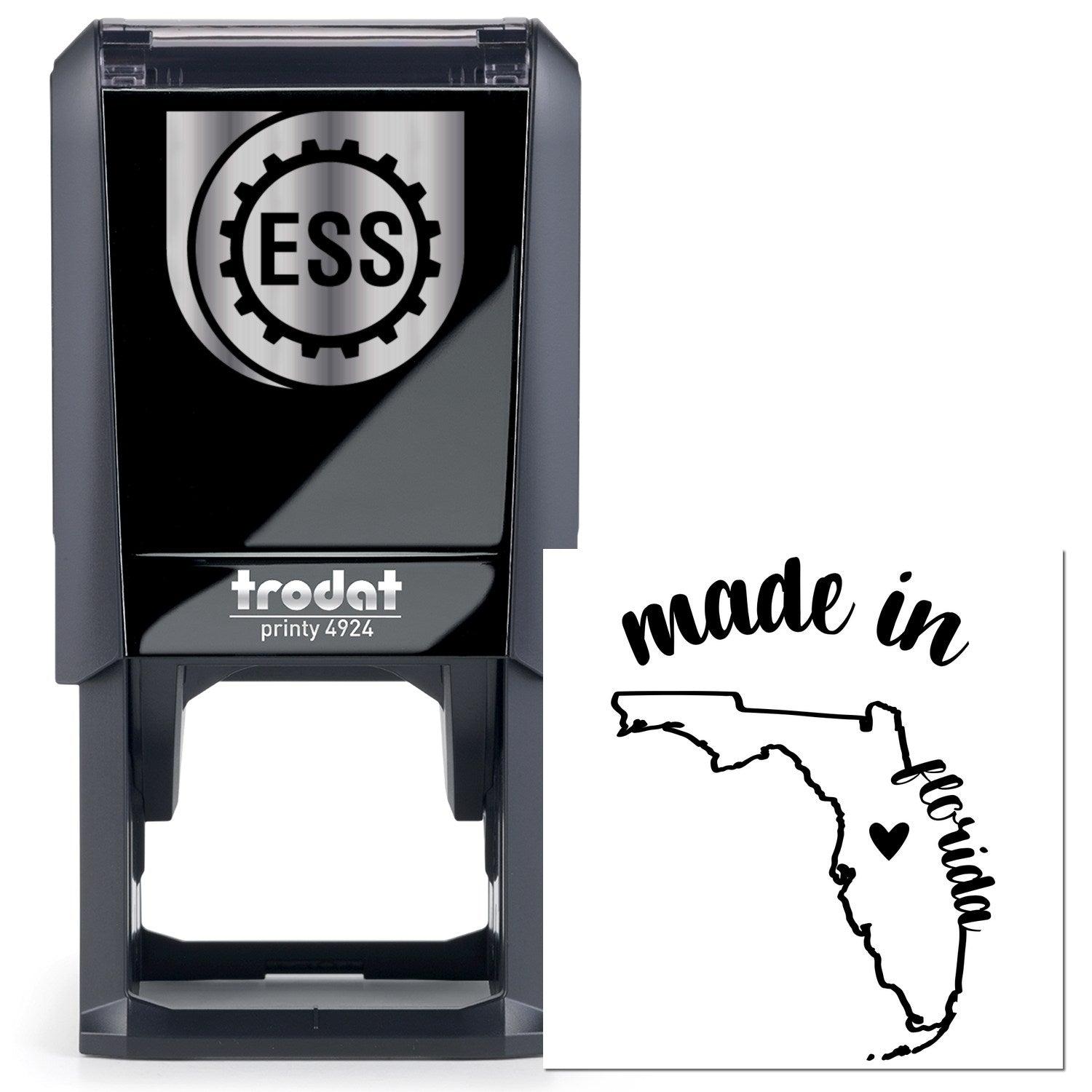 Self-Inking Handmade with Love in Florida Stamp featuring a sleek black design with ESS logo, and a made in Florida imprint. Perfect for adding a personal touch to crafts and gifts.