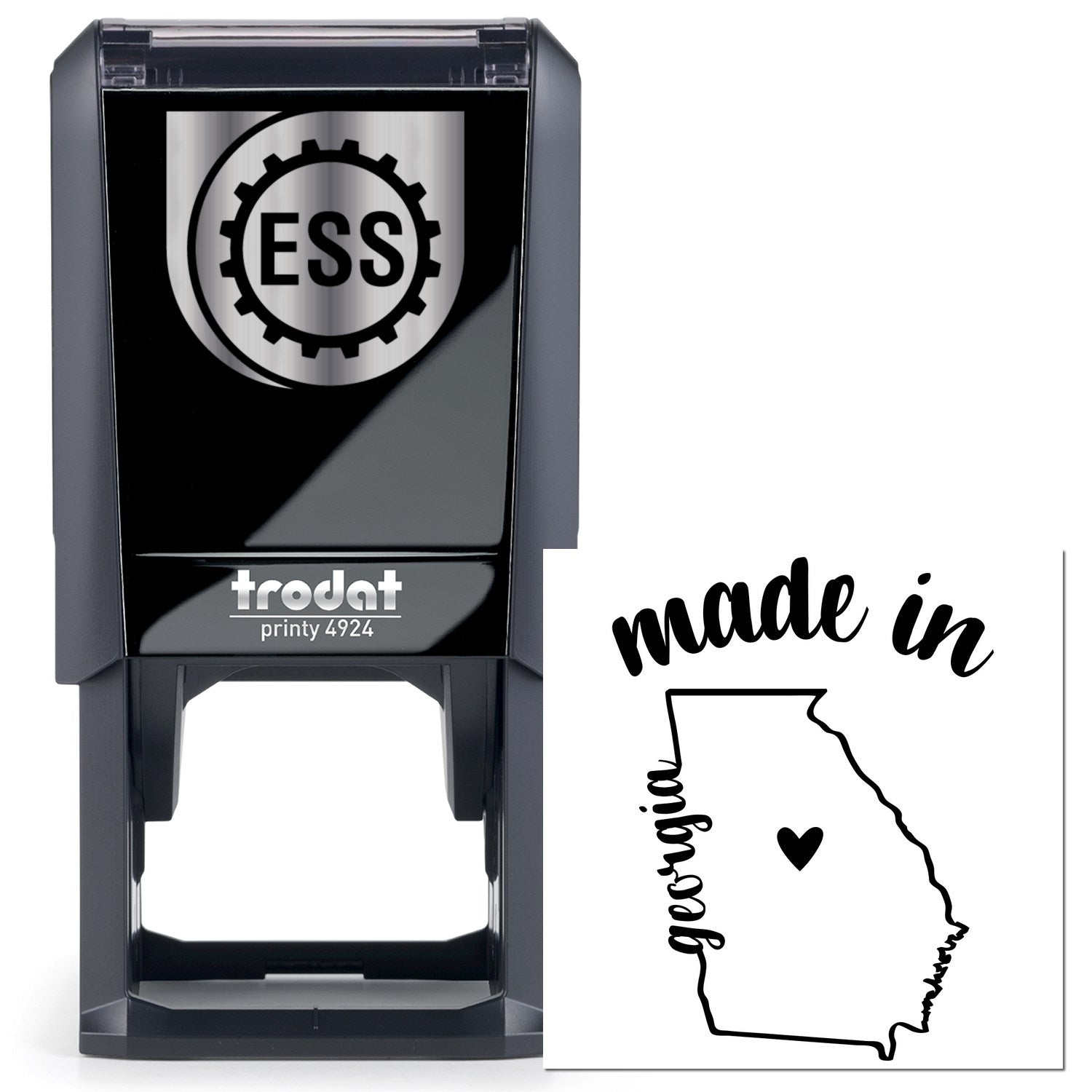 Self-Inking Handmade with Love in Georgia Stamp featuring a sleek black design with Made in Georgia text and heart graphic, perfect for adding a personal touch to crafts and gifts.