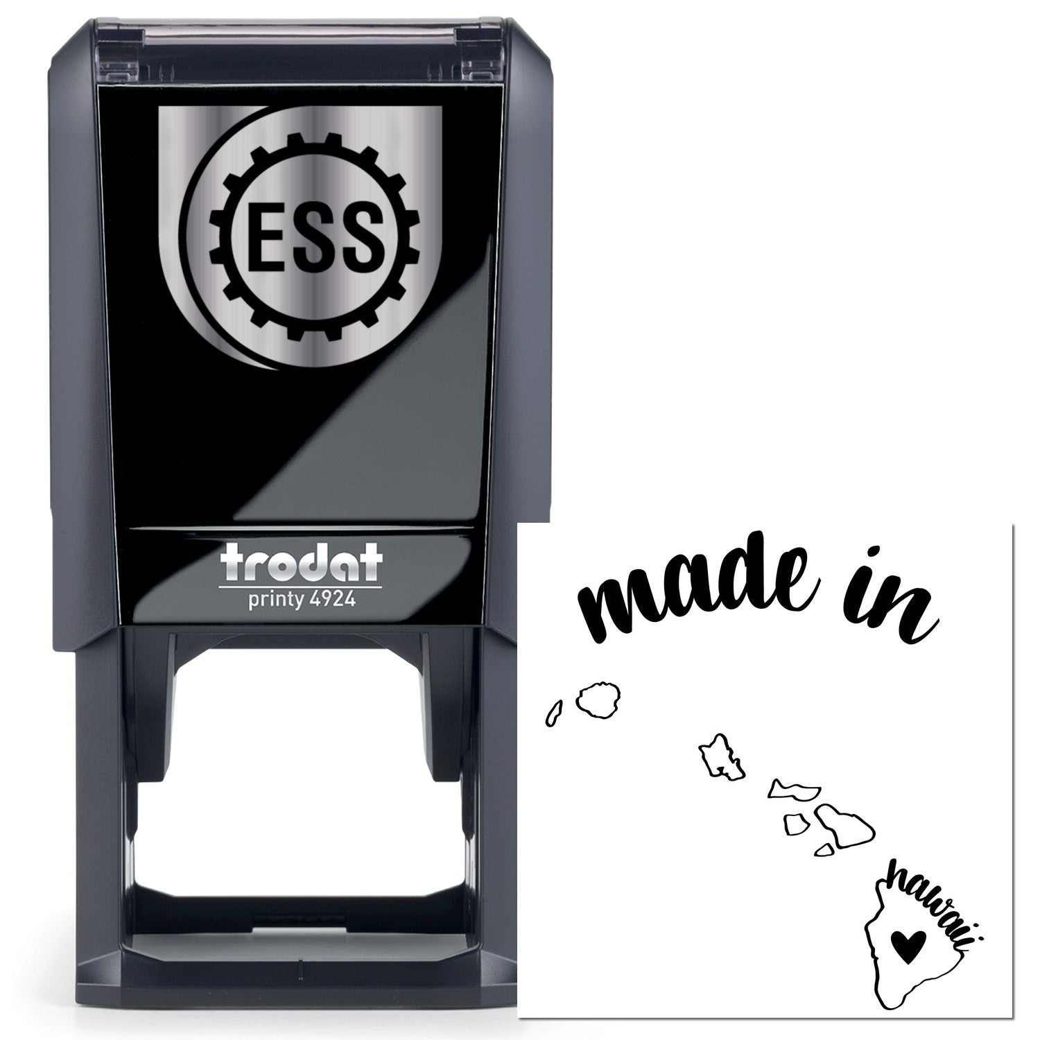 Self-Inking Handmade with Love in Hawaii Stamp featuring a sleek black design with made in Hawaii text and island graphics. Perfect for adding a personal touch to crafts and gifts.