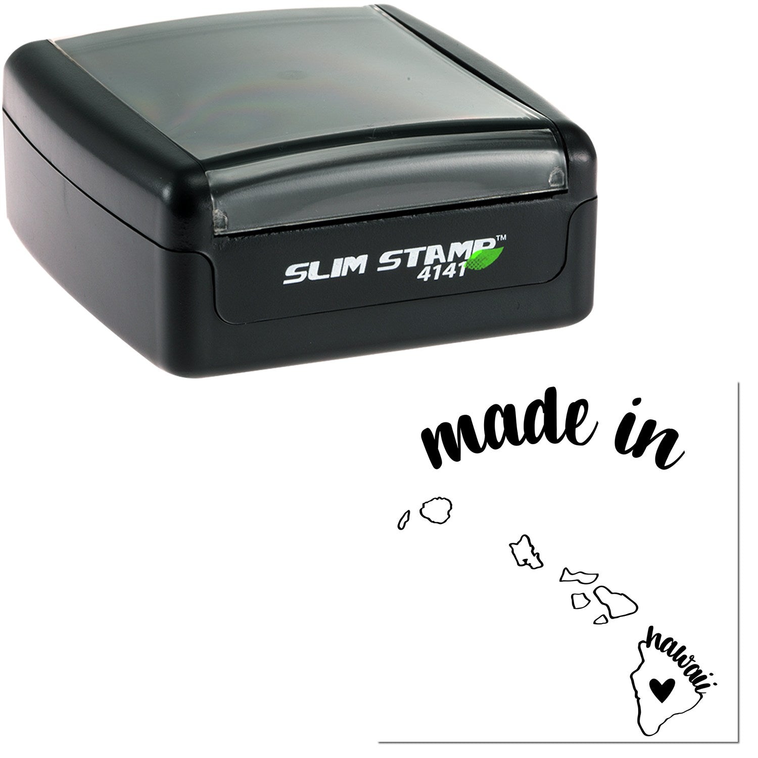 Slim Pre-Inked Stamp Hawaii Made in Stamp, black casing, compact design, featuring 'Made in Hawaii' imprint with island graphics. Ideal for efficient, stylish stamping.