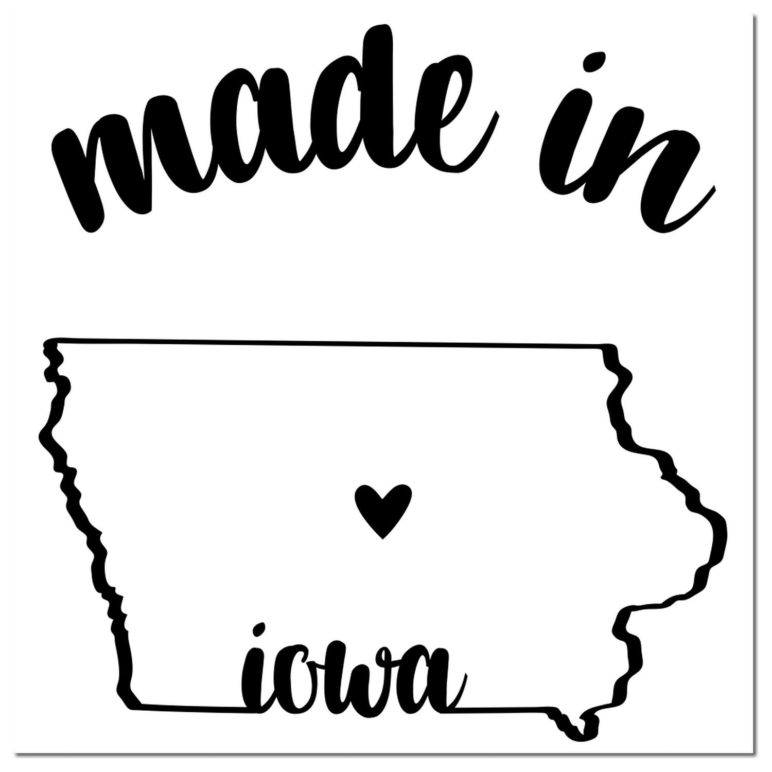 Self-Inking Handmade with Love in Iowa Stamp featuring a black outline of Iowa with a heart in the center, and made in Iowa text above and below. Perfect for crafts and gifts.